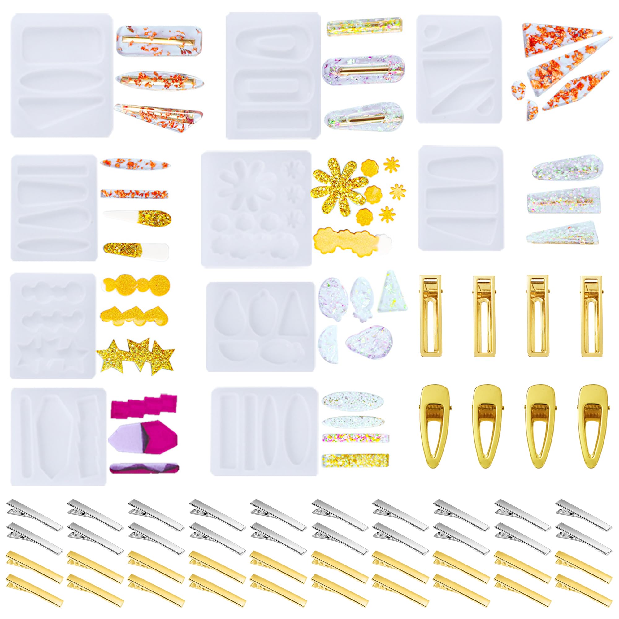 Cayway 10 PCS Hair Pin Casting Molds Set, Resin Hair Clips Molds with Metal Clip for Making, Hair Pin Silicone Resin Molds for Epoxy Resin Crafts, Keychain, Bookmark