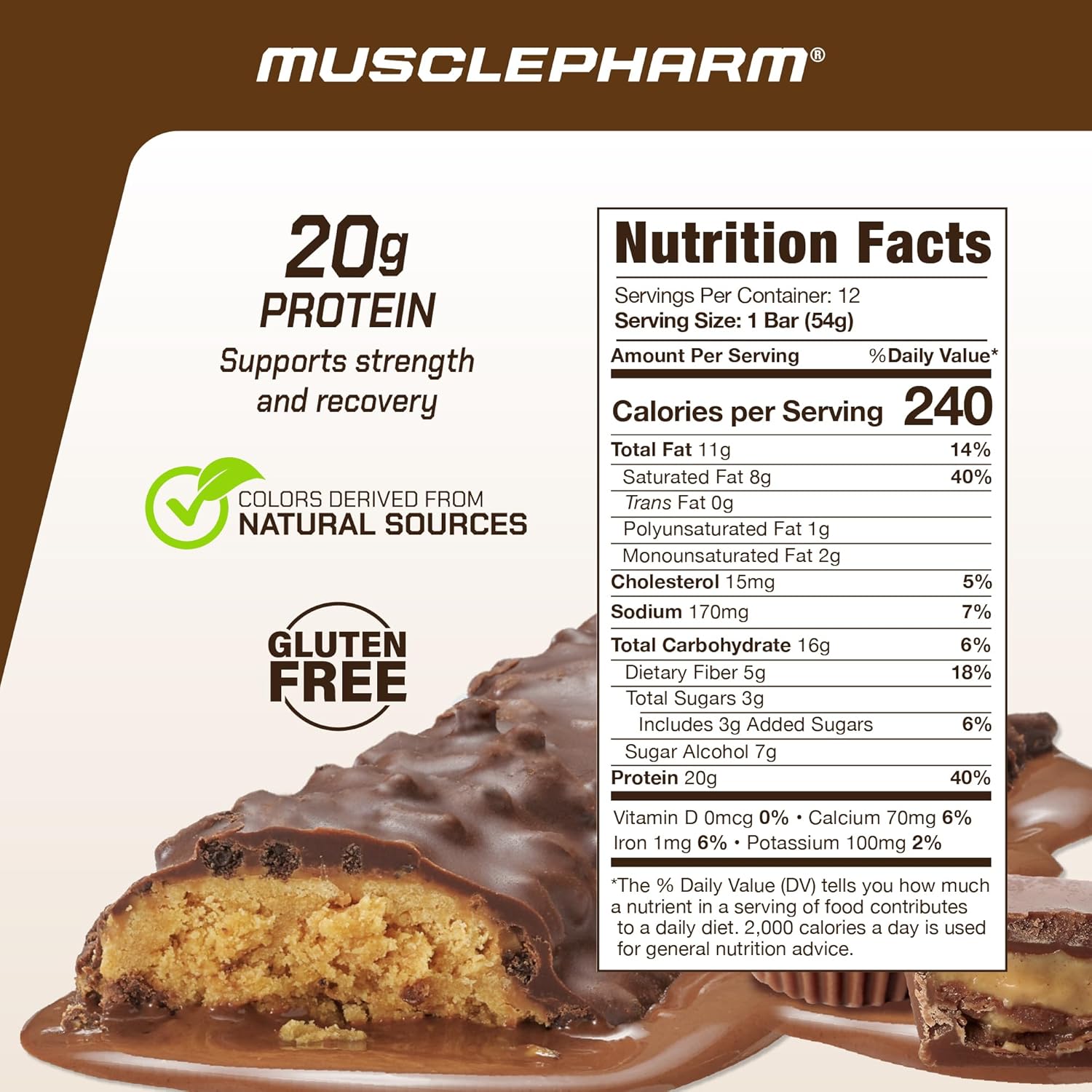MusclePharm Combat Sport Bar, Chocolate Peanut Butter Cup, High Protein Bars, Combat Cravings, Fuel Performance & Meet Energy Demands, 20g Protein from Whey Protein, 5g Fiber, Gluten Free, 12 Bars