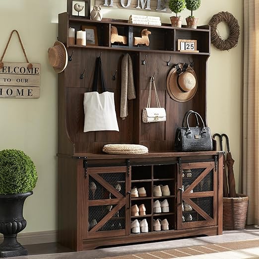 JXQTLINGMU 59" Farmhouse Hall Tree with Shoe Storage, Entryway Bench with 20 Cubbies, 12 Hooks & Sliding Barn Doors, Mudroom Coat Rack Cabinet, Brown