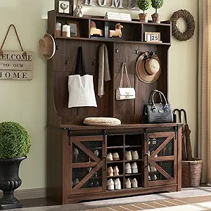 JXQTLINGMU 59" Farmhouse Hall Tree with Shoe Storage, Entryway Bench with 20 Cubbies, 12 Hooks & Sliding Barn Doors, Mudroom Coat Rack Cabinet, Brown
