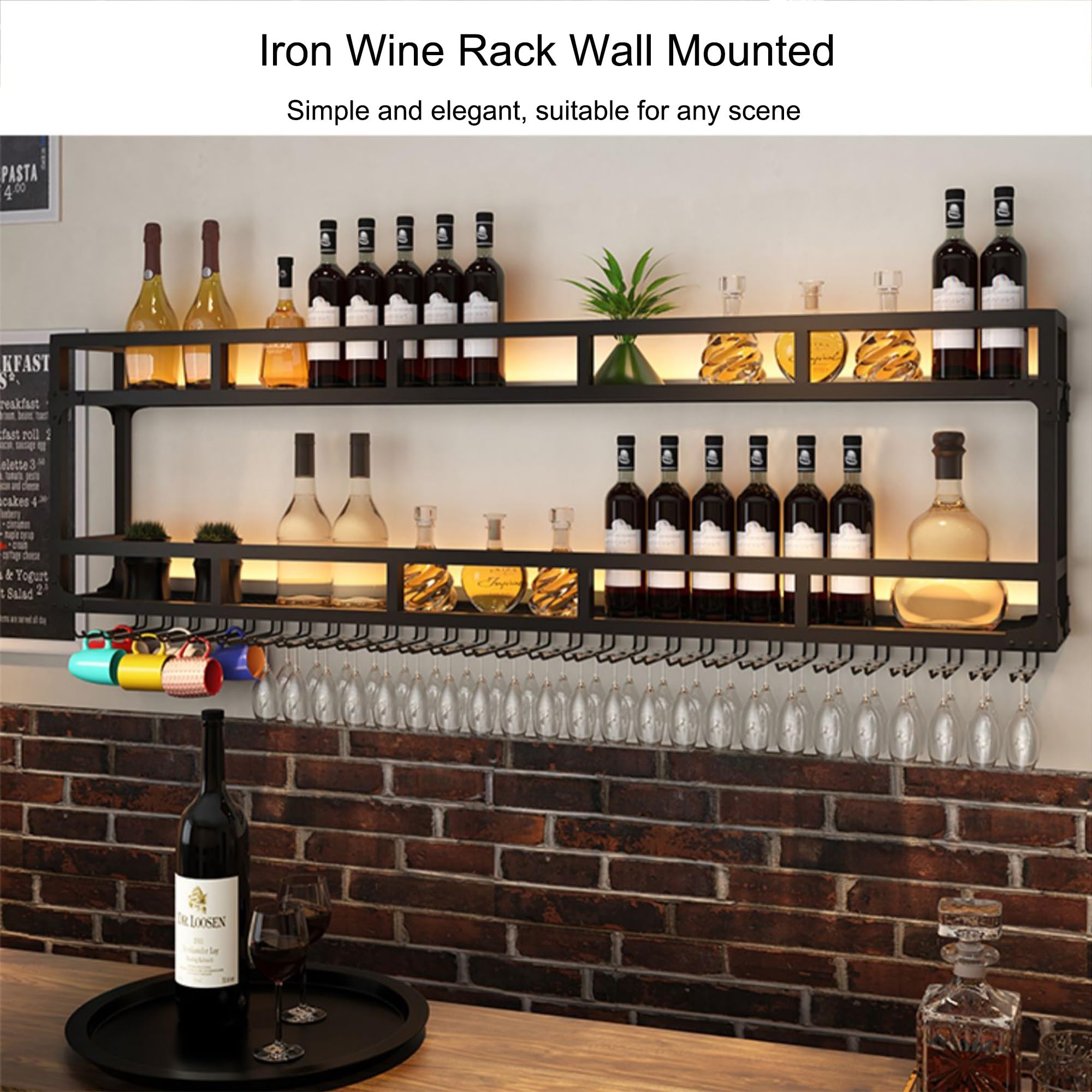 Botellero Vino Pared con Luz Mueble Bar Garrafeira Mini Bar Wine Rack Mueble Comedor Cocina con Soporte Copas Colgante Estantes de Almacenamiento para Bar Sala de Estar y Cocina(Black,2 LAYERS_150CM(5