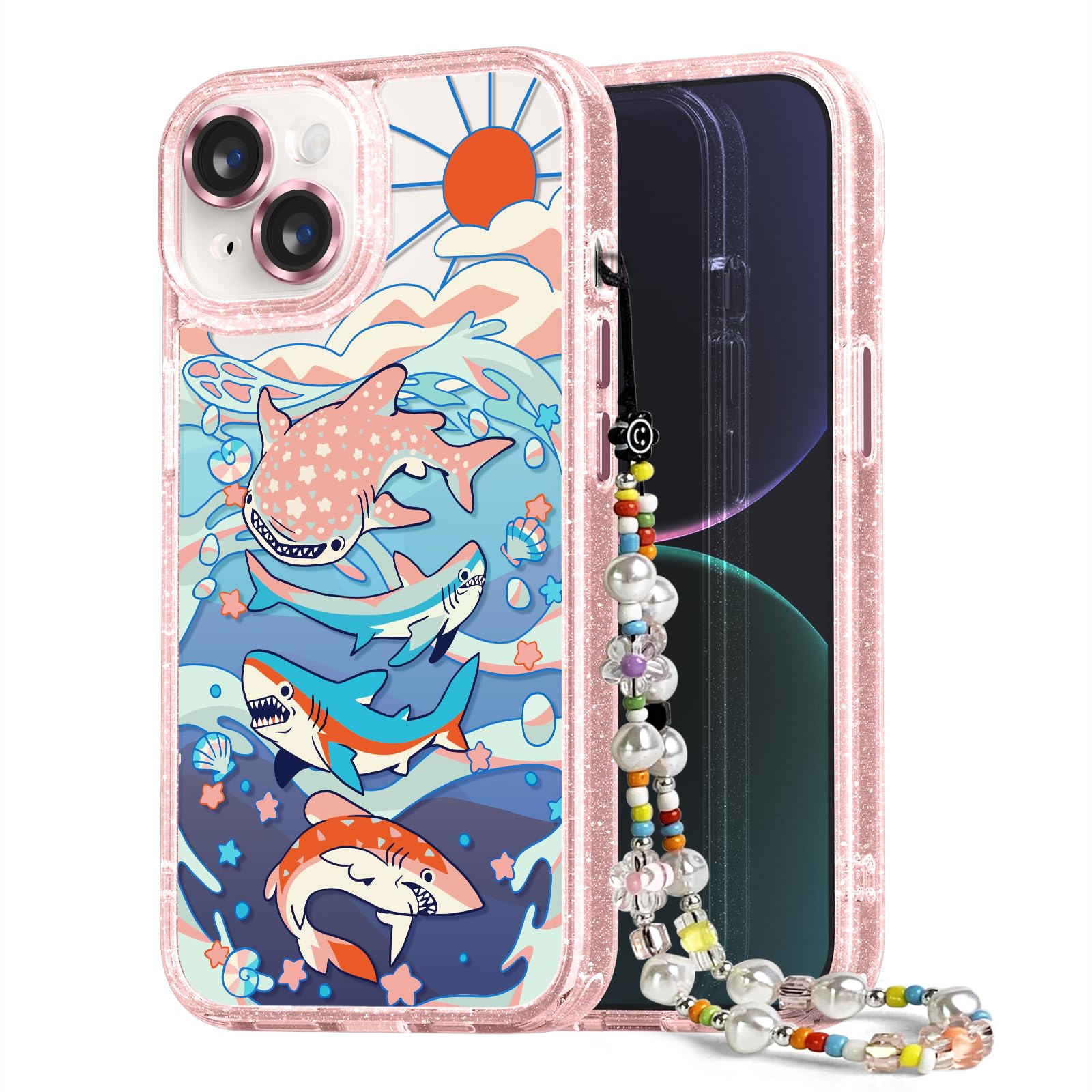 Kompatybilne z iPhone 14 etui urocze estetyczne - brokatowe różowe etui na telefon z osłoną aparatu - dziewczęcy uroczy wzór rekina nadruk etui z paskiem na nadgarstek design dla kobiety
