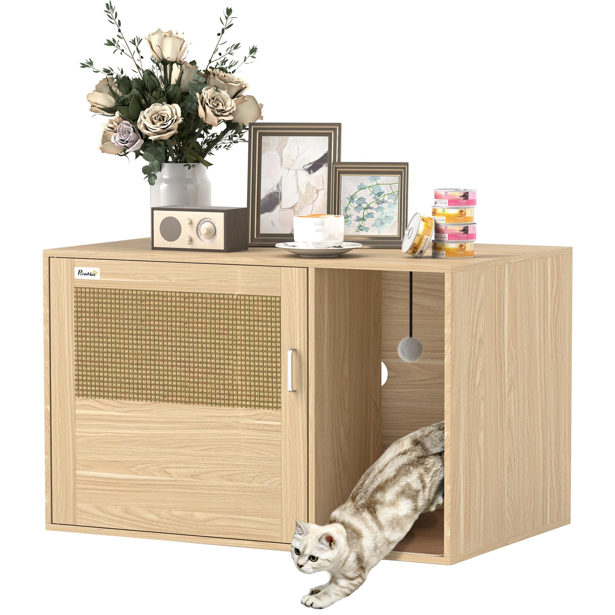 PawHut Mueble Arenero para Gatos, Caja de Arena para Gatos con Almohadilla para Rascar y Puerta de Ratán, Mesa Auxiliar para Salón, Dormitorio, 80x50x50 cm, Roble