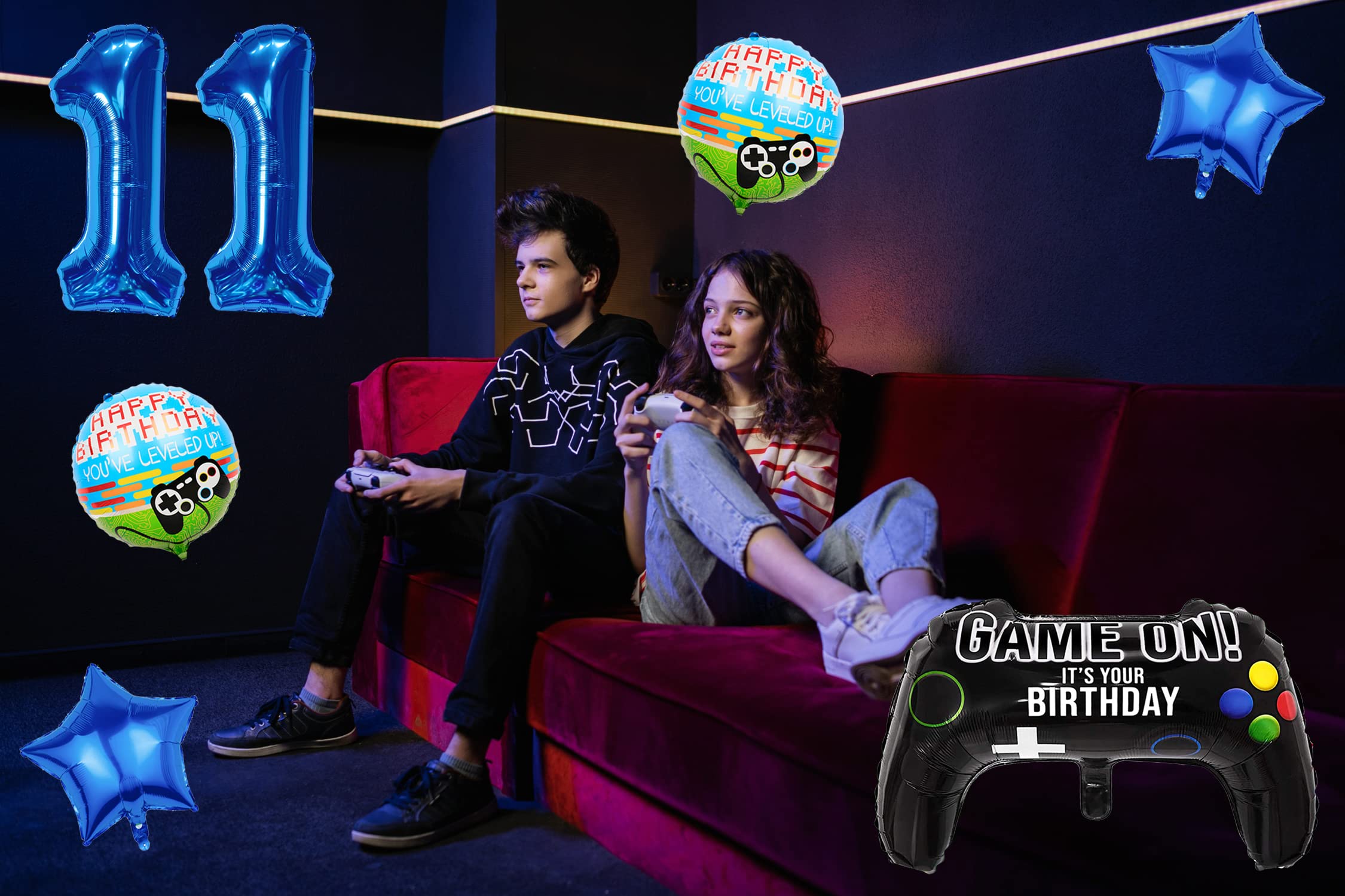 Liitata Jeu Vidéo 11e Anniversaire Décoration Garçon, Anniversaire, Fête, Décoration Chiffre 11 Ballon En Aluminium Bleu Grande Manette Jeu Ballon
