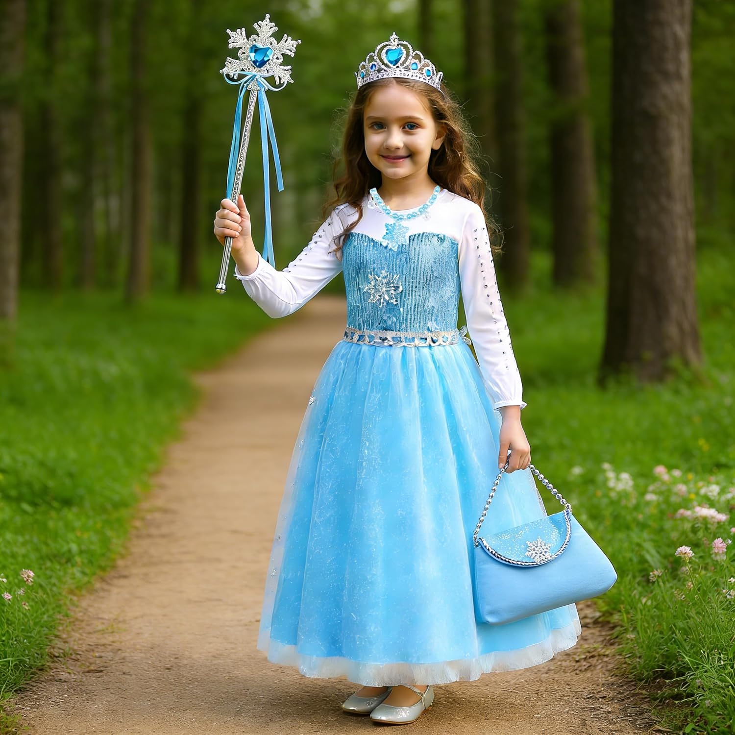 Princess Dress for Girls, Halloween Snow Cosplay Costume with Long Cape 3-10 Years Birthday Party Gloves Bag Crown