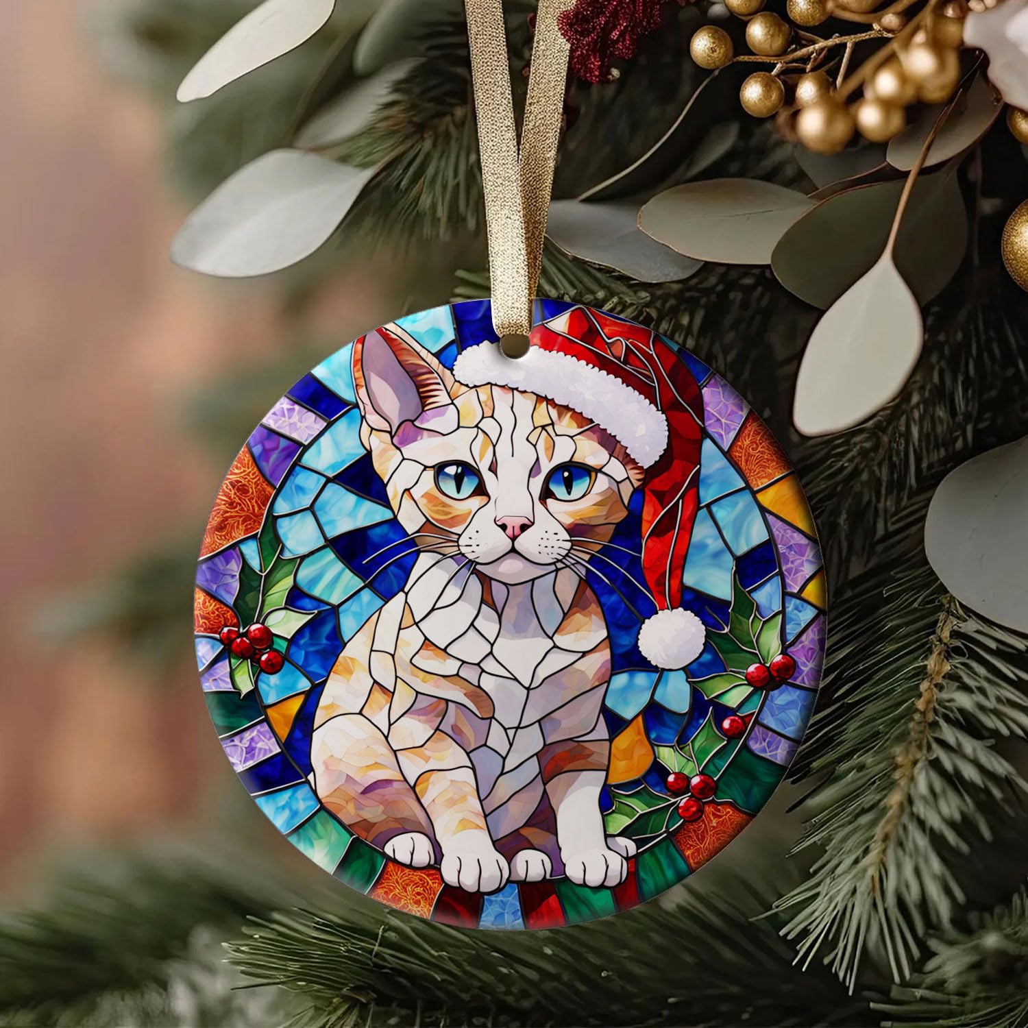 Devon Rex Cat Stained Glass Ornament Ceramic, Devon Rex Christmas Ornament Ceramic, Devon Rex Stained Glass Window hangings, Devon Rex Cats Christmas Decor