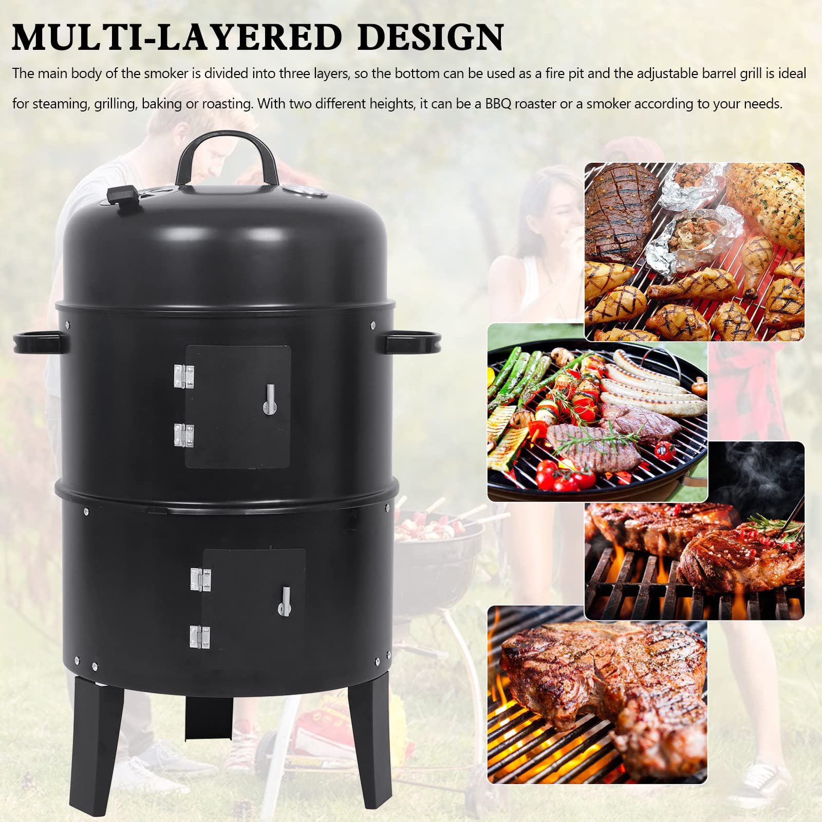 MAD HORNETS Detachable 3-in-1 Vertical Charcoal Smoker Portable BBQ Smoker Grill