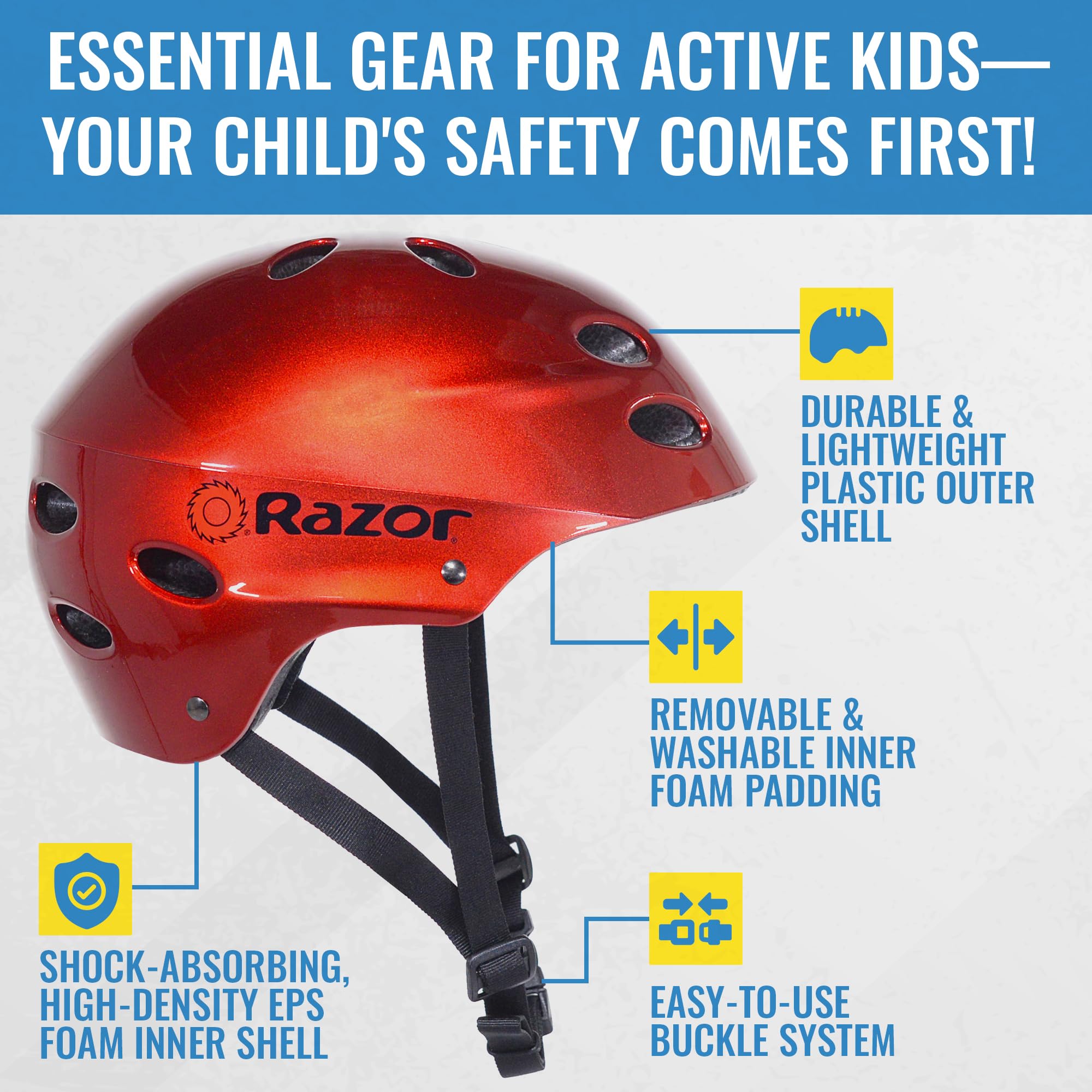 Razor V-12 Child Multi-Sport Helmet with Adjustable Strap and Foam Padding - Meets CPSC Standards - Lightweight Kid's Bike Helmet for ‎ Cycling & Skateboarding - Lucid Red