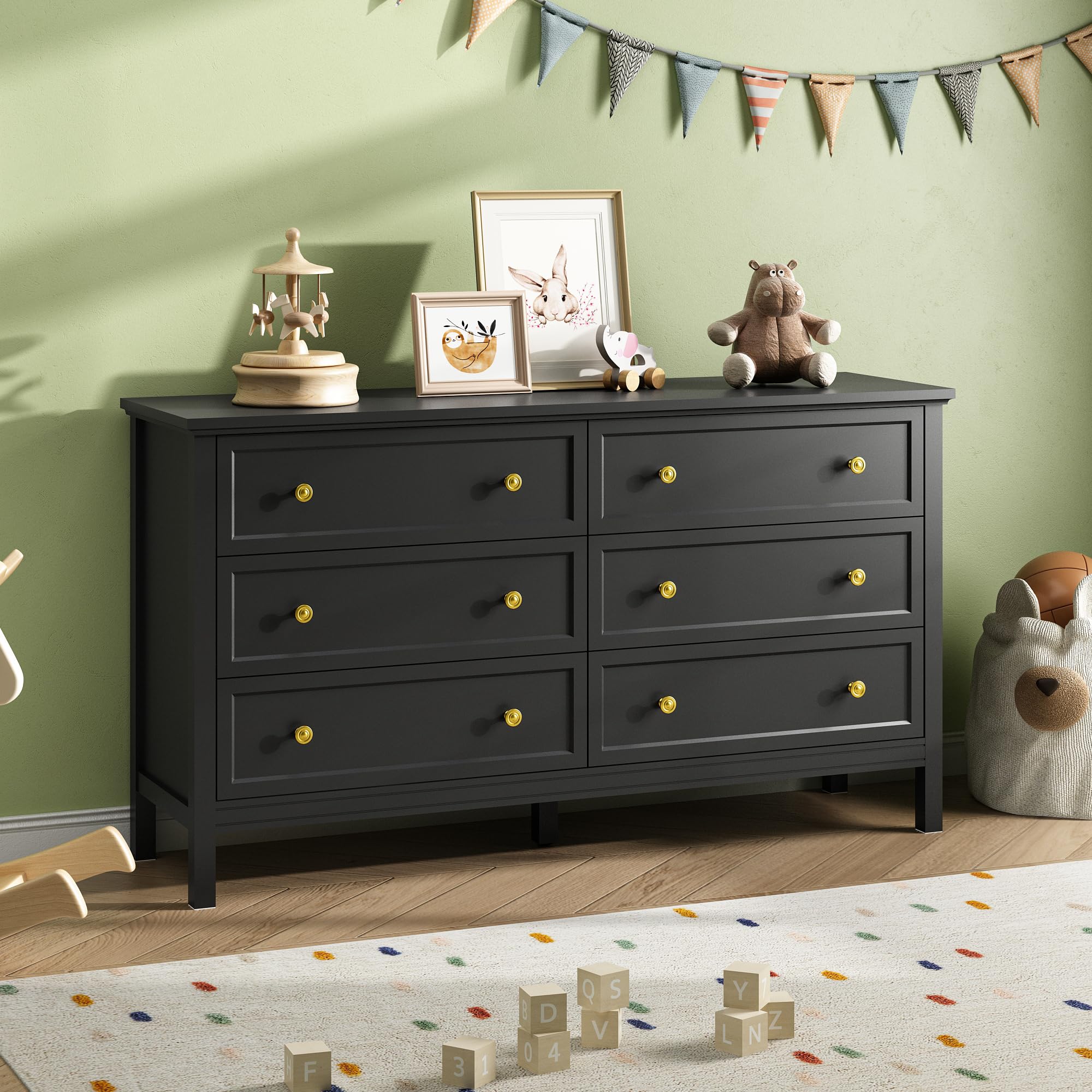 wood dresser with black hardware Tradare 55'' 6 Drawers for Bedroom, Dressers Elegant Modern Chest of Drawer with Gold Handles Wood Legs, Large Storage Dresser for Living Room, TV Stand, Entryway This chest can greatly