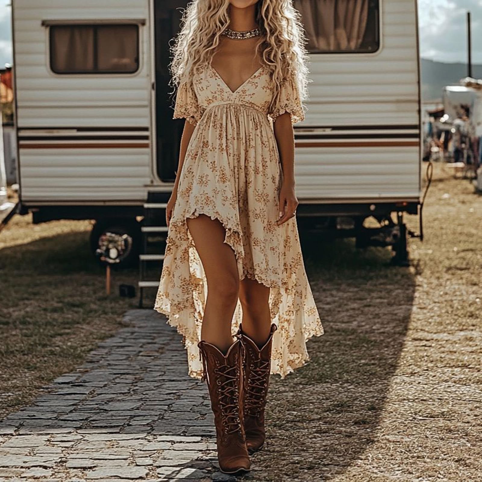 Blumenkleid Damen Vorne Kurz Hinten Lang Chiffon Frühlingskleid Elegant Geblümt Langarm Boho Kleid Lang A Linie Italienische Kleider Maxi Rüschen Blumen Festlich Party Abendkleid V Ausschnitt