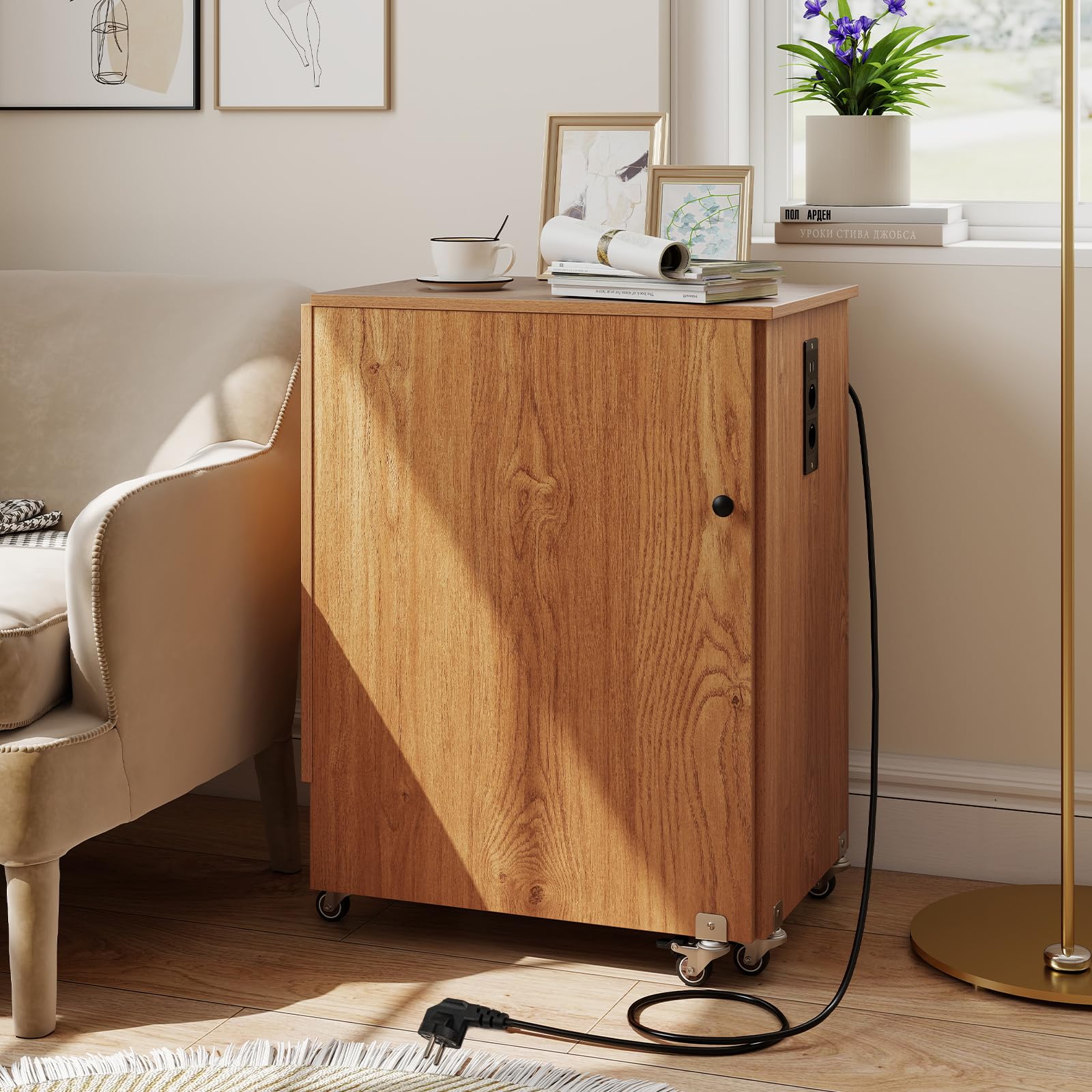 GIANTEX Table de Couture sur roulettes, Meuble Machine à Coudre, Station de Recharge, 4 Plateaux Ouvert de Rangement, Grand Plan de Travail, Meuble Couture Pliant pour Salon, Bureau, Naturel