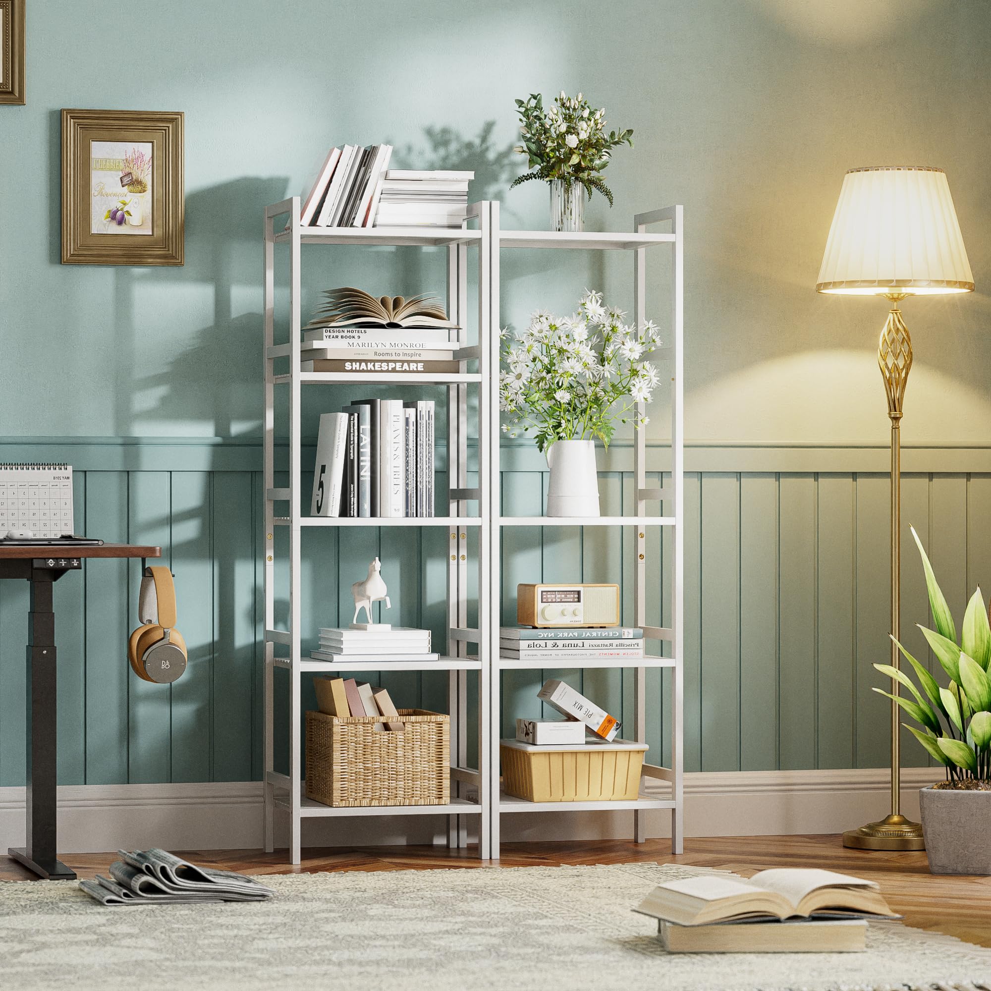 HITNET Etagere 5 Niveaux, Bibliotheque Salle de Bain Rangement Bambou avec Étagères Réglables, Support de Plantes Gain de Place, pour Salon, Balcon, Cuisine, Blanc