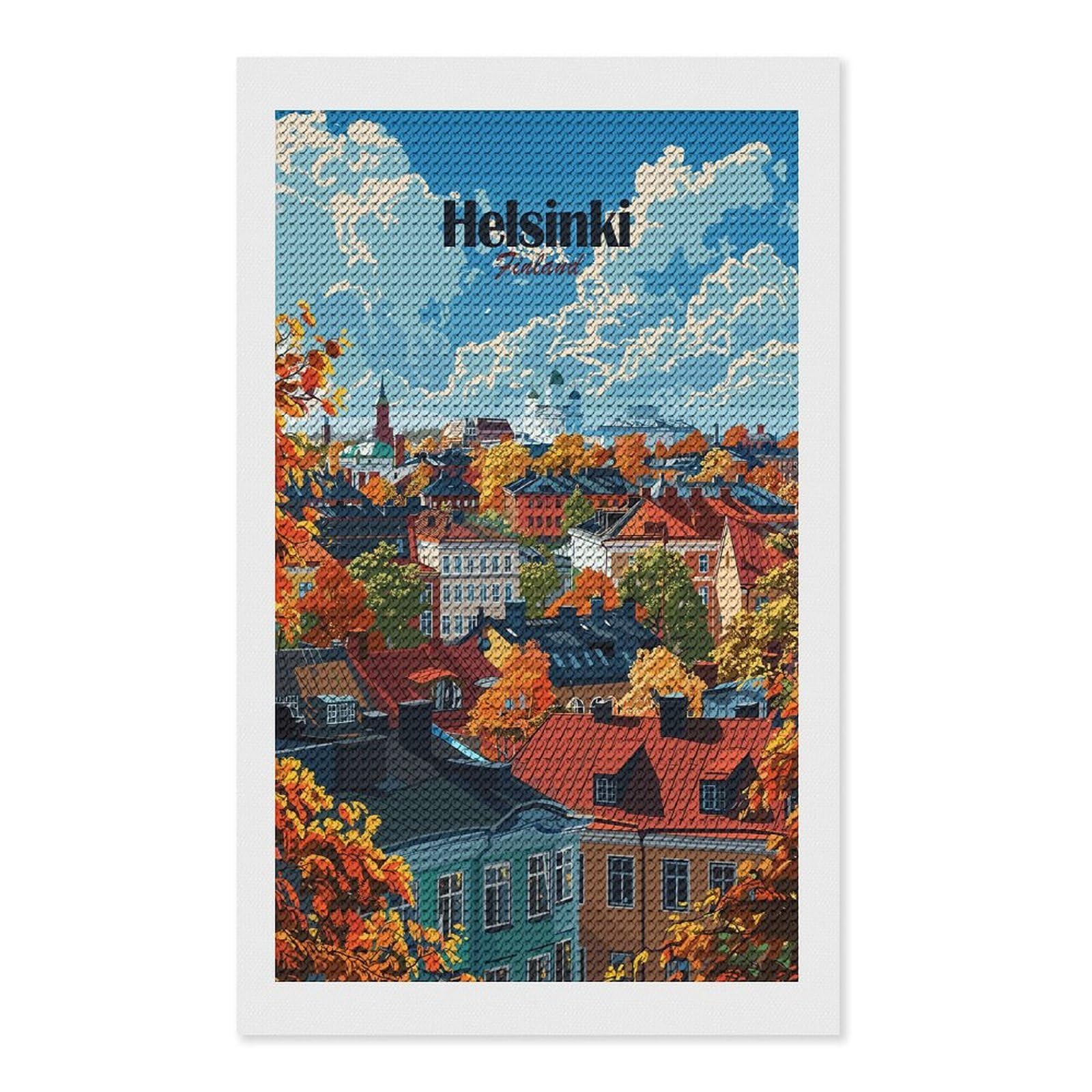 Junmoney Helsinki Finland Autumn Cityscape Illustration DIY Diamond Art Canvas Kit 12"x20", for Teens, Aesthetic Room Decor, Farmhouse Decor, Canvas Picture, Birthday Gift
