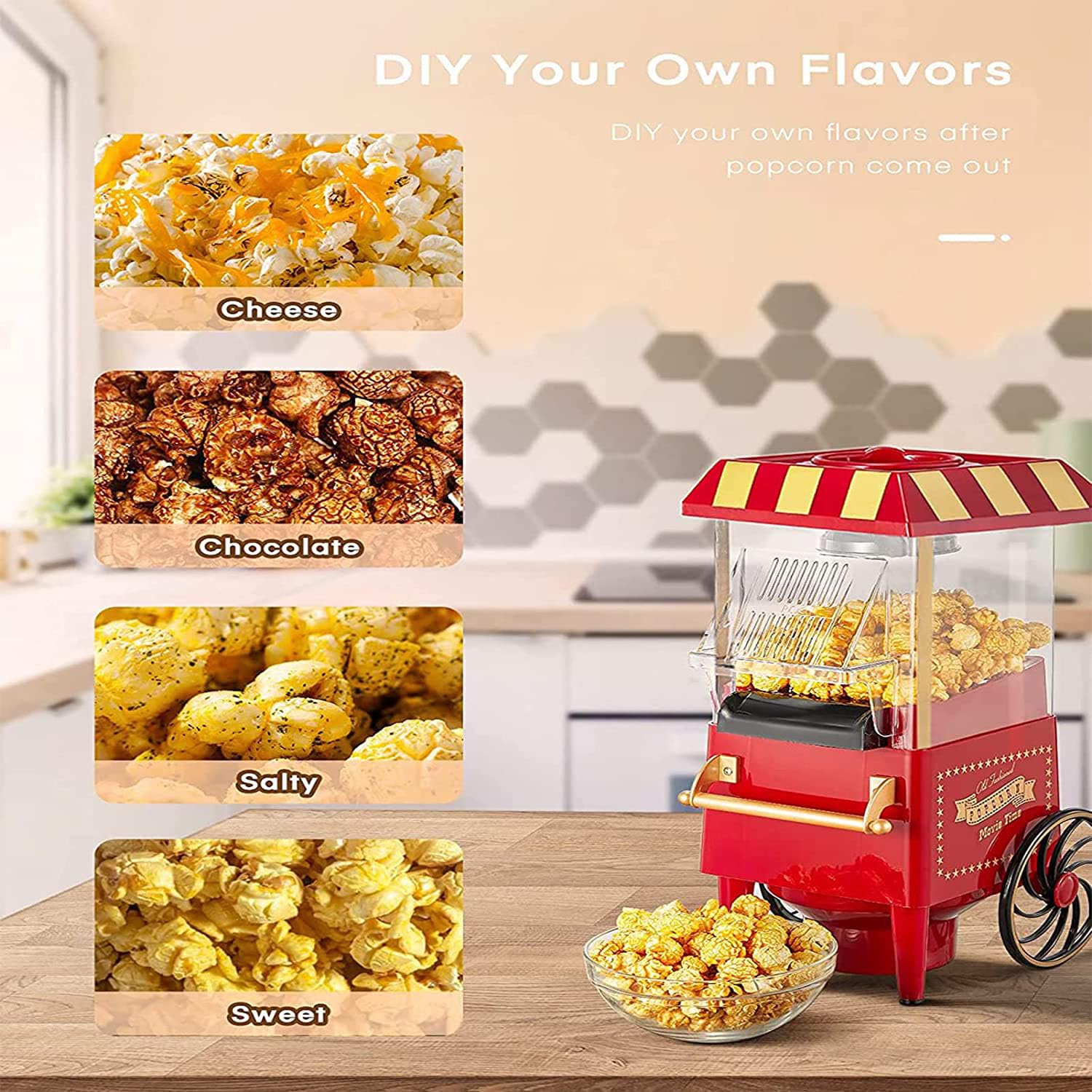 Macchina per Popcorn elettrica Senza Olio, Macchina per Popcorn ad Aria Calda da 1200 W, per Feste con Film in casa, con misurino e Coperchio Rimovibile