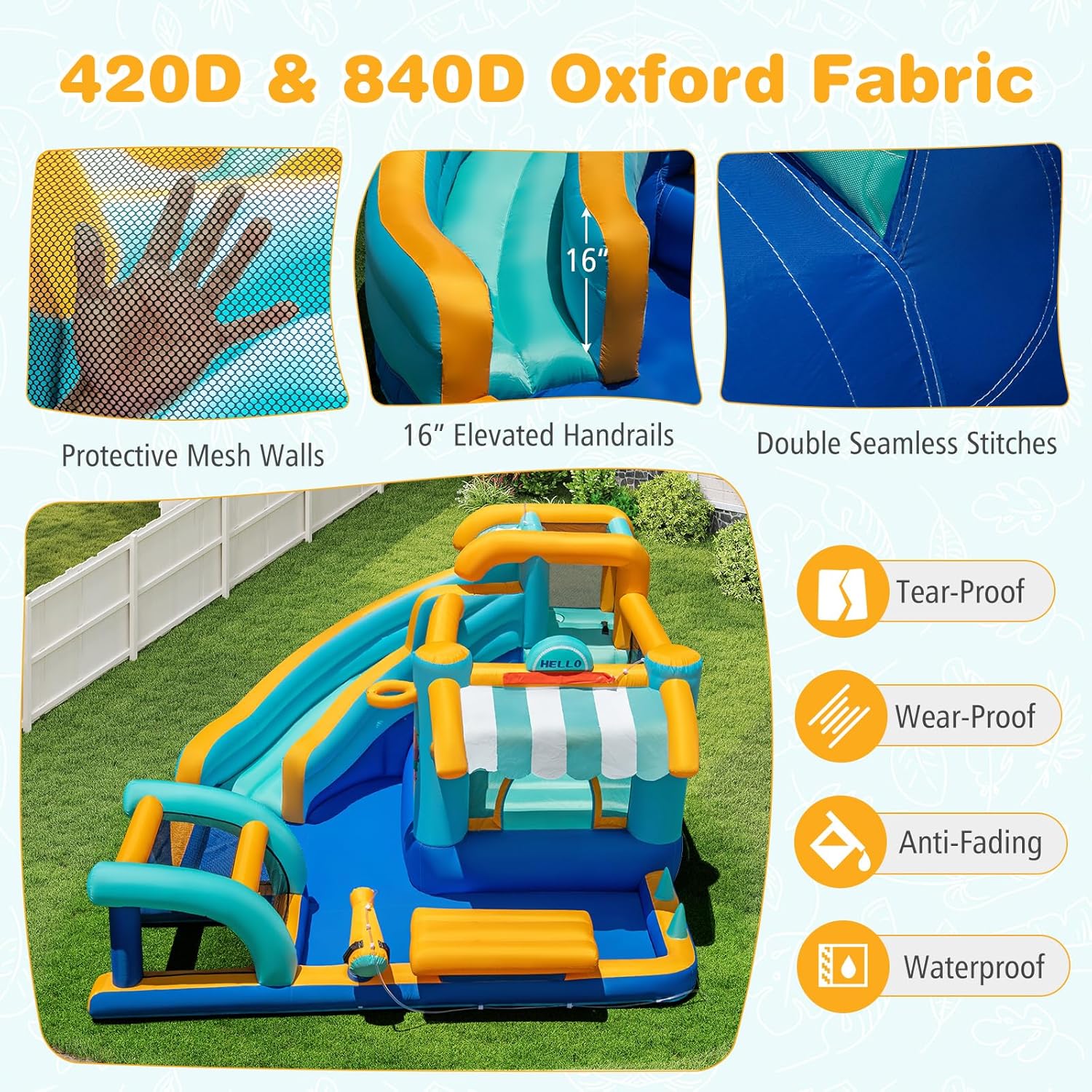HONEY JOY Inflatable Water Slide with Market Stand, Long Slide/Bounce House/Climbing Wall/Soccer Gate, Water Cannon, Splash Pool, Outdoor Blow Up Waterslides for Backyard Party Gift (With 735w Blower)