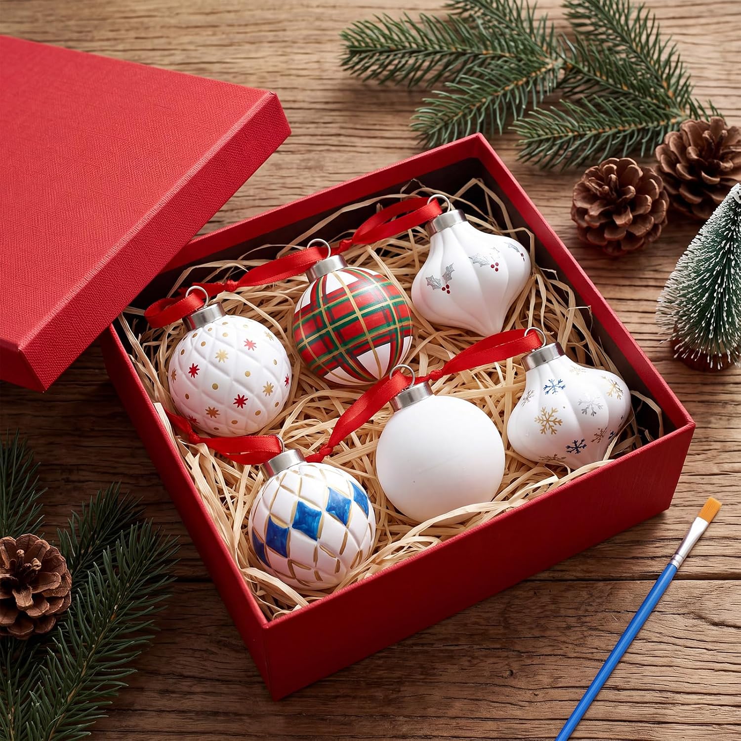 Arrowbash 11 Pcs Ceramic Christmas Ornaments, DIY Crafts Paint Your Own Ornaments, Include 6 Unpainted Balls 2 Strips of Paints 2 Brushes 1 Palette for Xmas Tree Party Holiday Decoration