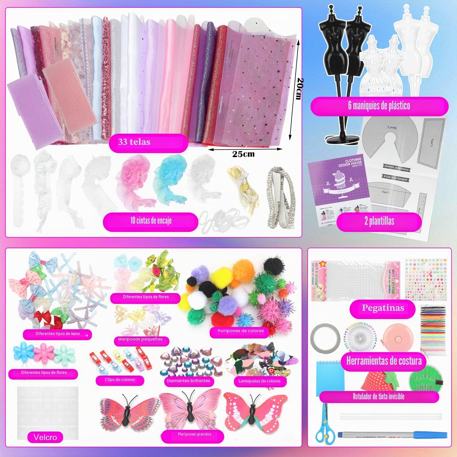 YOCOLE 1500+ Piezas Kit Diseña la Moda Niña, DIY Kit Costura con Telas Manualidades con 6 Maniquíes Accesorios, Regalos Fashion Designer Creativos Juegos para Niñas Niños 6 7 8 9 10 11 Años
