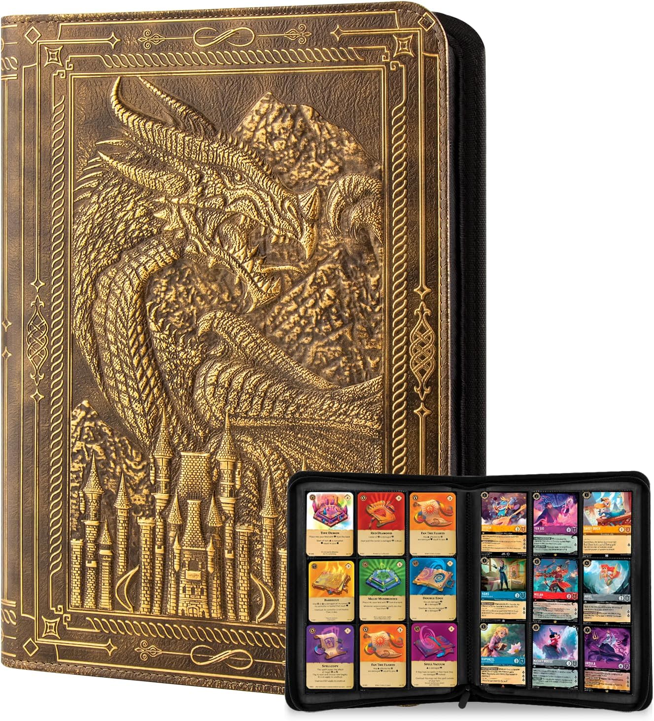 FEIDIAO 9 Pocket Trading Card Binder 360 Side Loading Pockets Albums with Zipper 3D PU Leather Embossed Dragon Card Books Collectible Trading Cards Game Album for MTG,TCG,Pokmon,Lorcana(Bronzed)
