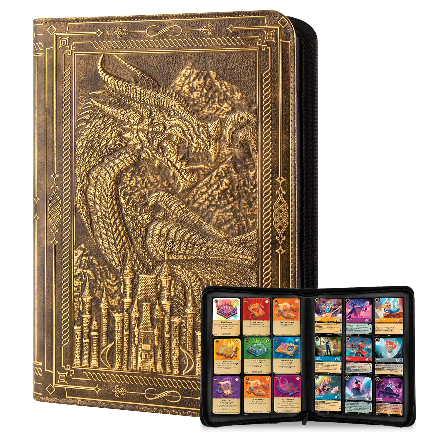FEIDIAO Raccoglitore per carte collezionabili a 9 tasche, 360 tasche laterali, con cerniera, in pelle PU 3D goffrata, con drago, libri di carte collezionabili, album da collezione per MTG, TCG,