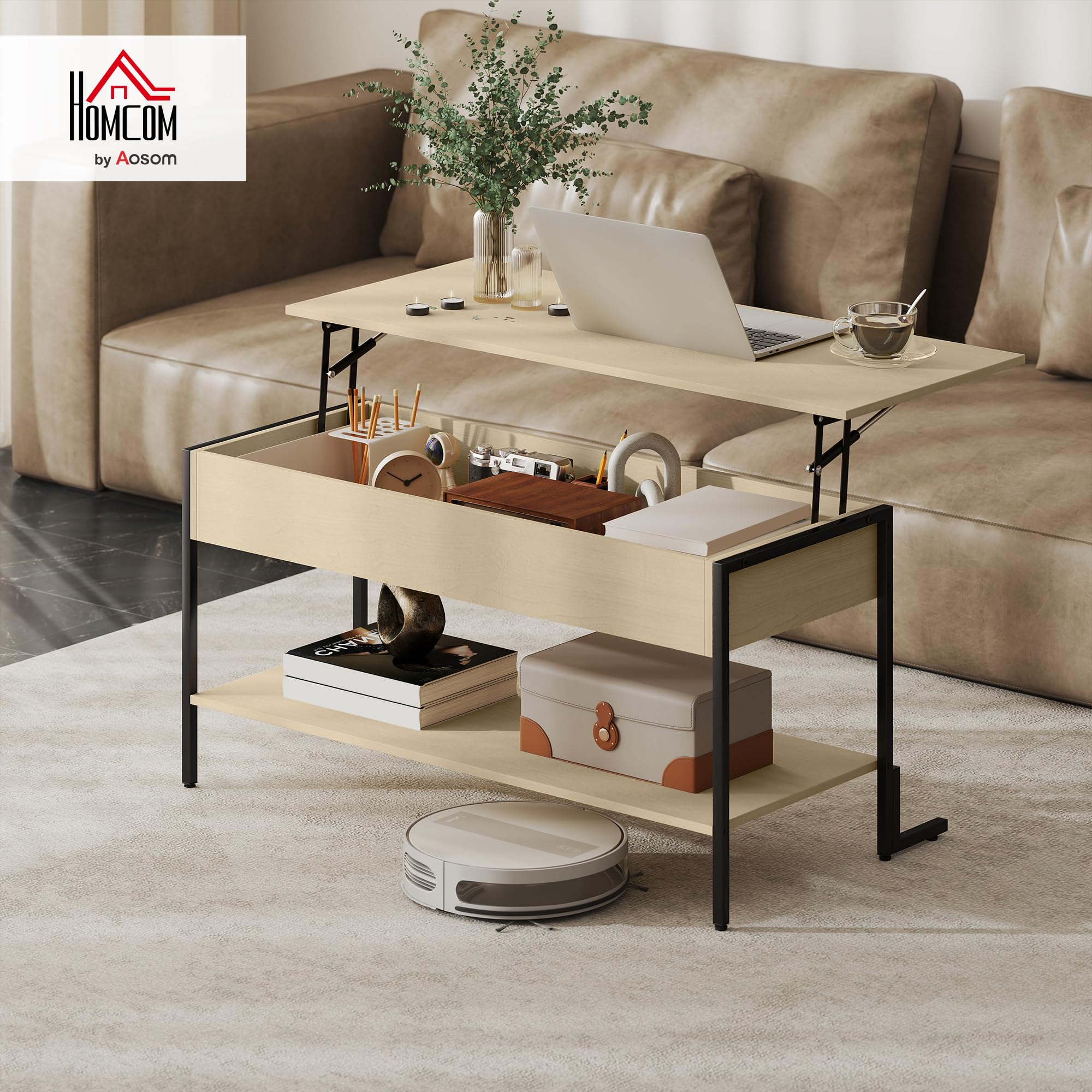 HOMCOM Table Basse avec Plateau relevable, Table de Salon Industrielle avec Compartiment caché et étagère Ouverte, Pieds renforcés en L Stable, pour Salon, Bureau, 95 x 40 x 59 cm, Effet Bois Naturel
