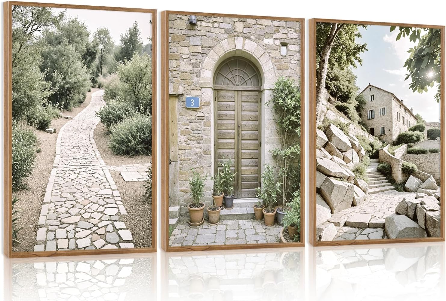 Aurlan Neutral Italy Countryside Landscape Framed Wall Art(16"x24"), 3PCS Vintage Mediterranean City Photography Gallery Canvas Artwork, Large Old Town Architecture Travel Decor Prints for Office Bedroom 16"x24",3 Pcs Mediterranean Landscape