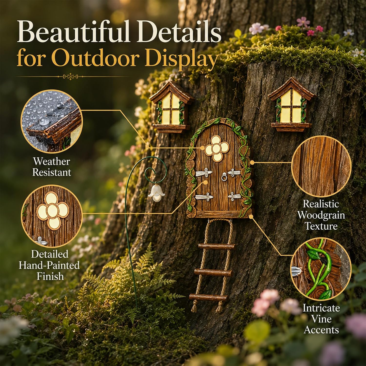 Fairy Door for Tree, Glow in The Dark Fairy Garden Door with Windows, Outdoor Miniature Garden Decor Accessories, Fairy Garden Accessories Outdoor Resin Garden House Decoration for Wall, Yard and Lawn image 3