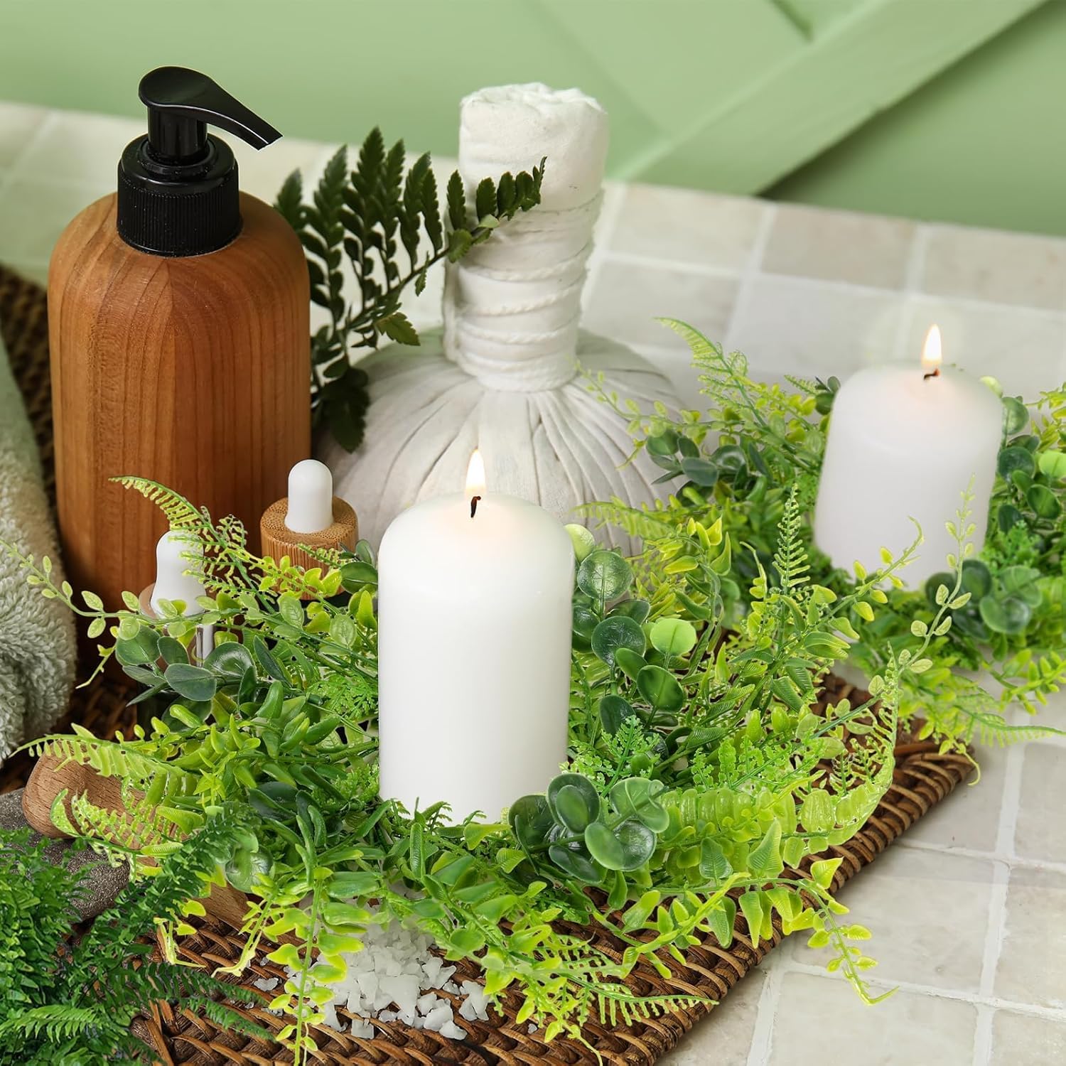 6 Pcs Spring Summer Green Fern Candle Rings Wreaths Artificial All Seasons Fern Wreath Mini Greenery Candle Ring Wreath for Wedding Centerpieces Table Front Door Decoration