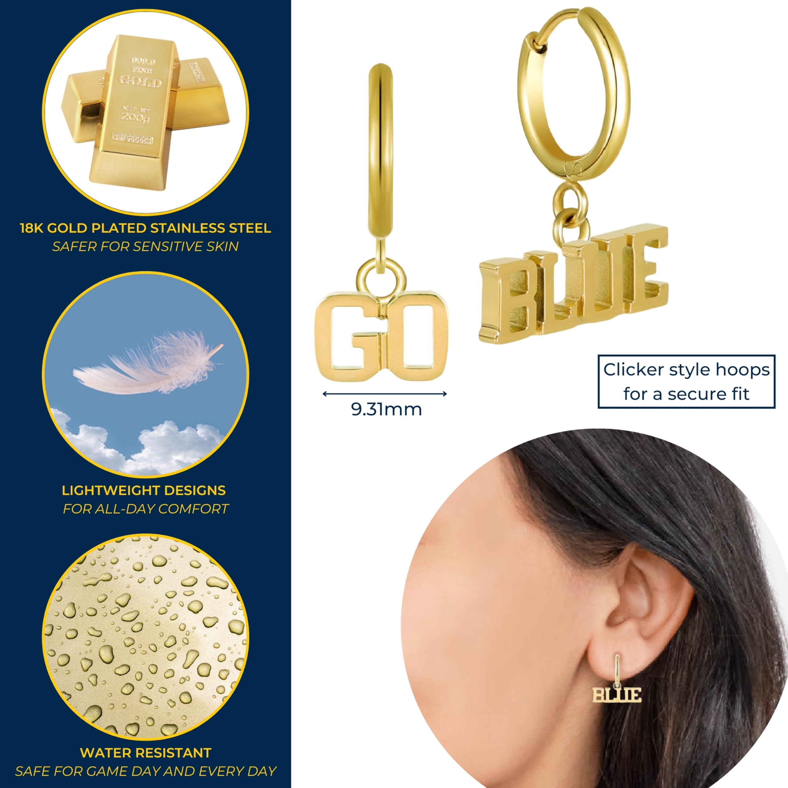 Stone Armory Earrings for University of Michigan Jewelry Gifts for Women, Graduation – Stainless Steel Skin-Friendly Michigan Wolverines Earrings 18K Gold Finish Go Blue Hoops
