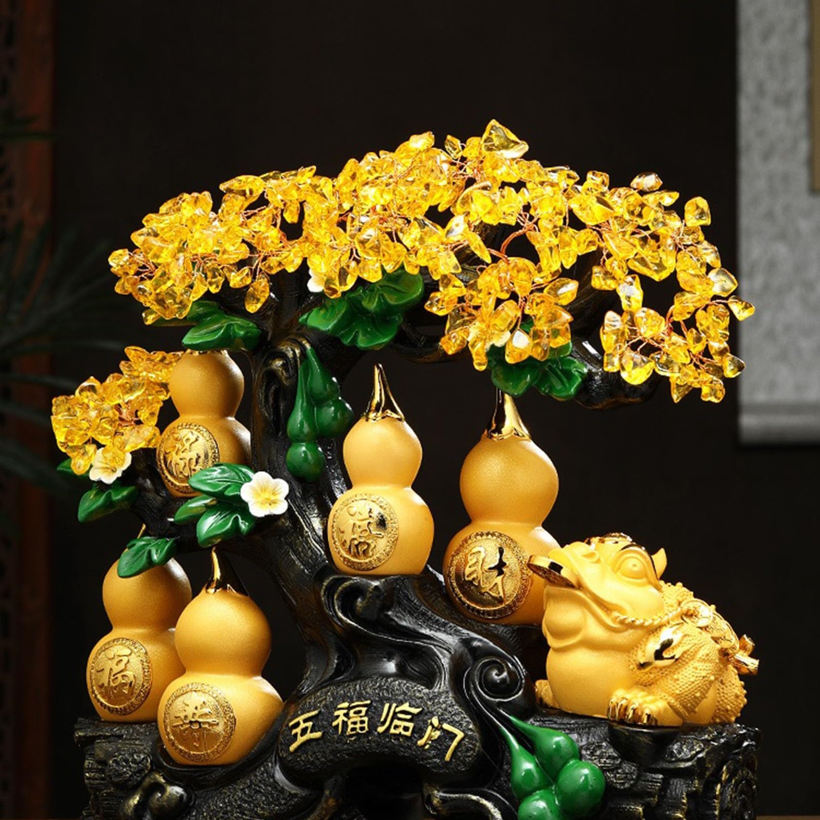 Element dekoracyjny Drzewko na pieniądze z cytrynem ze złotą butelką dyni i żabą na pieniądze, dekoracja stołu w stylu Feng Shui Bonsai – idealne do gospodarki energetycznej, bogactwa, szczęścia
