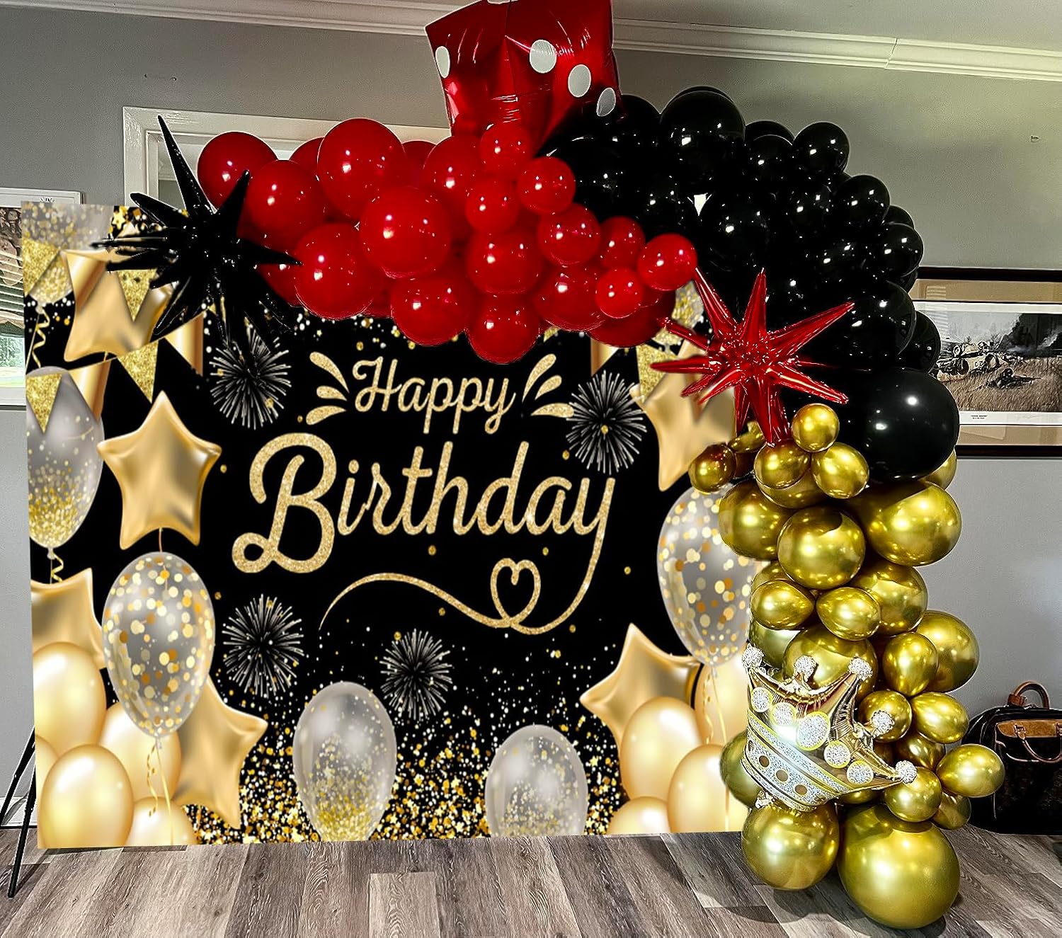 Black and Golden Birthday Backdrop 10x8ft Balloons Glitter Happy Birthday Photography Background for Men Women Kids Large Party Decorations Studio Photo Booth Props
