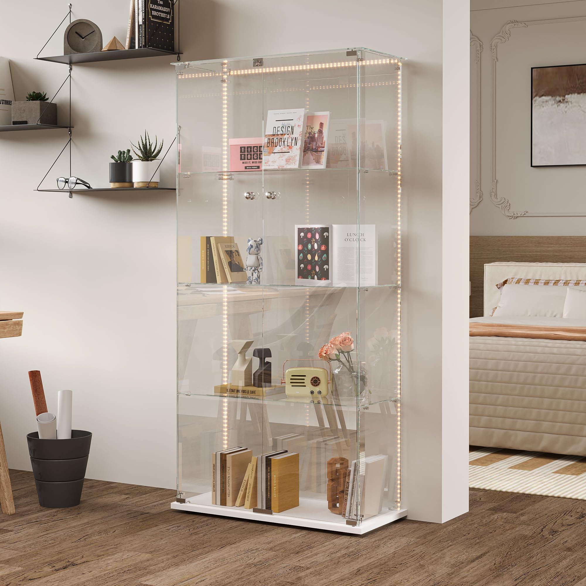 Glasvitrine mit Beleuchtung,Vitrine Stehend Sammlervitrine Vitrine Glas mit 2 Glastüren & 4 Glasböden Vitrinenschrank Für Wohnzimmer Schlafzimmer Büro (Weiß, 2 Tür 4 Lagen – LED Lichtleiste)