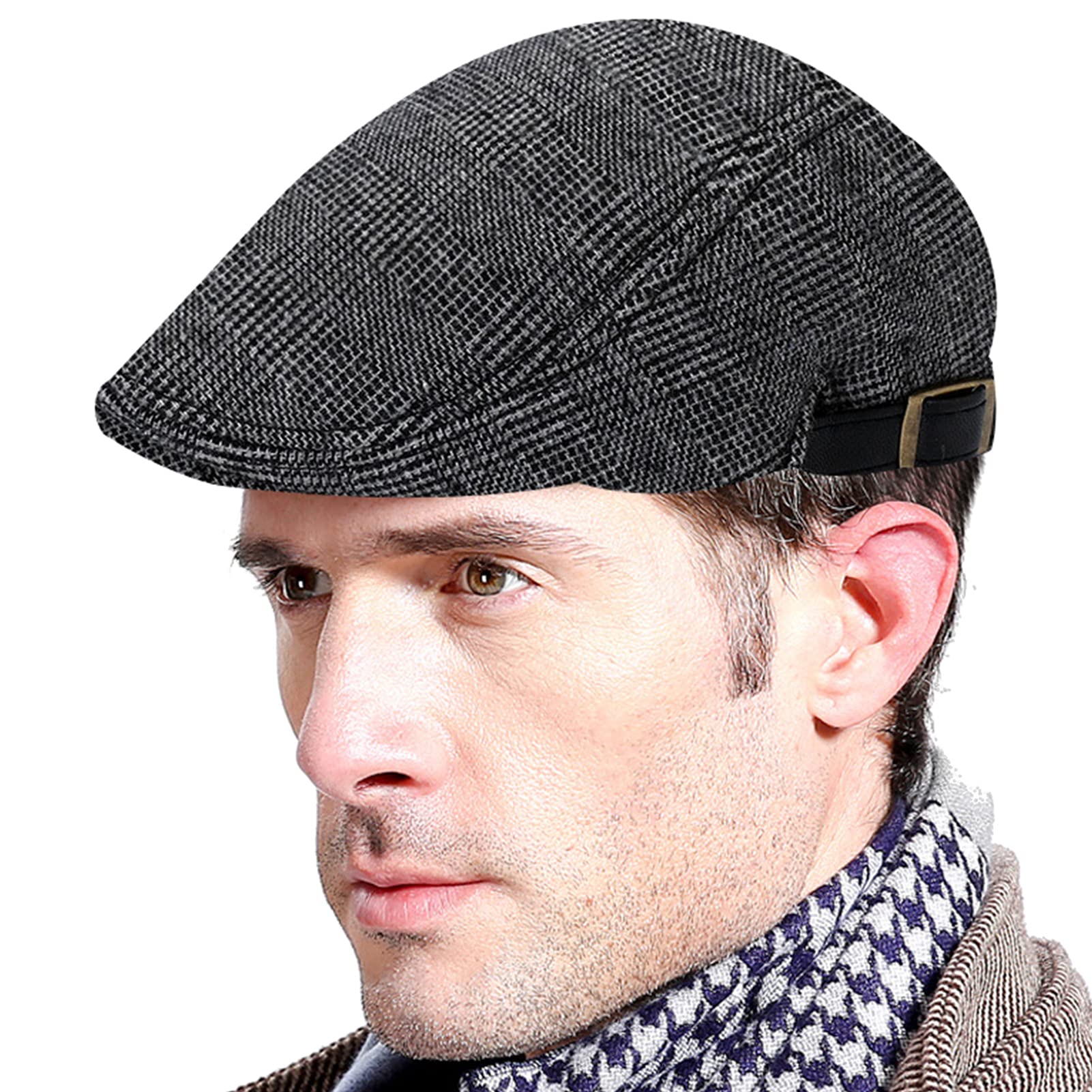 Aieoe Men's Grey Plaid Tweed Beret Hat Adjustable Duckbill Ivy Beret Hat Newsboy