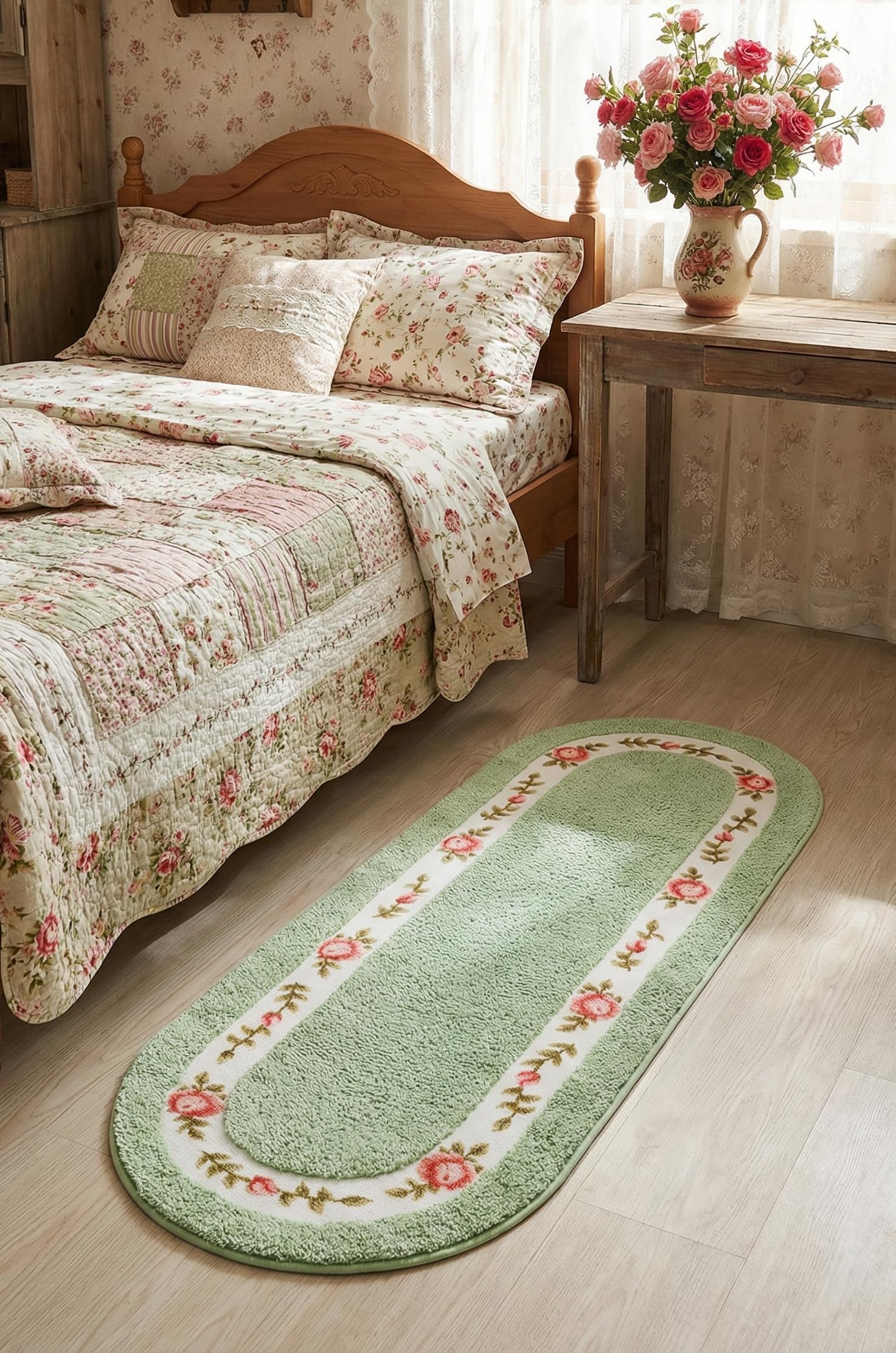 Stay Young Decorative Rose Flower Area Rug,Floral Bedroom Living Room Bathroom Kitchen Rugs Bath Mat,Romantic Fade-Resistant Rose Design,Super Soft and Non Slip,Green 17.71 x 49.21 Inch