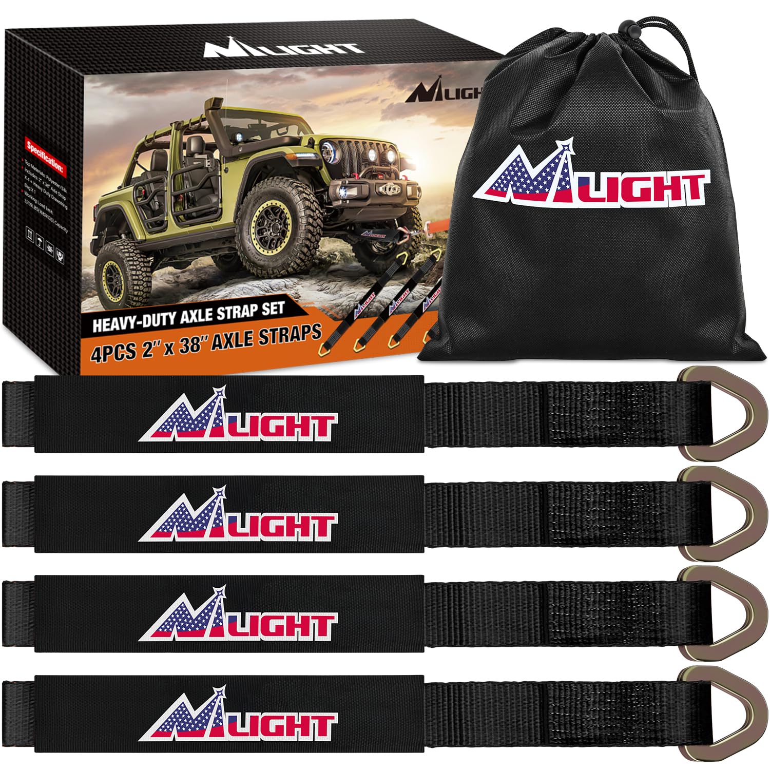 Nilight 2" x 38" Axle Tie Down Straps with D-Rings &amp; Protective Sleeves