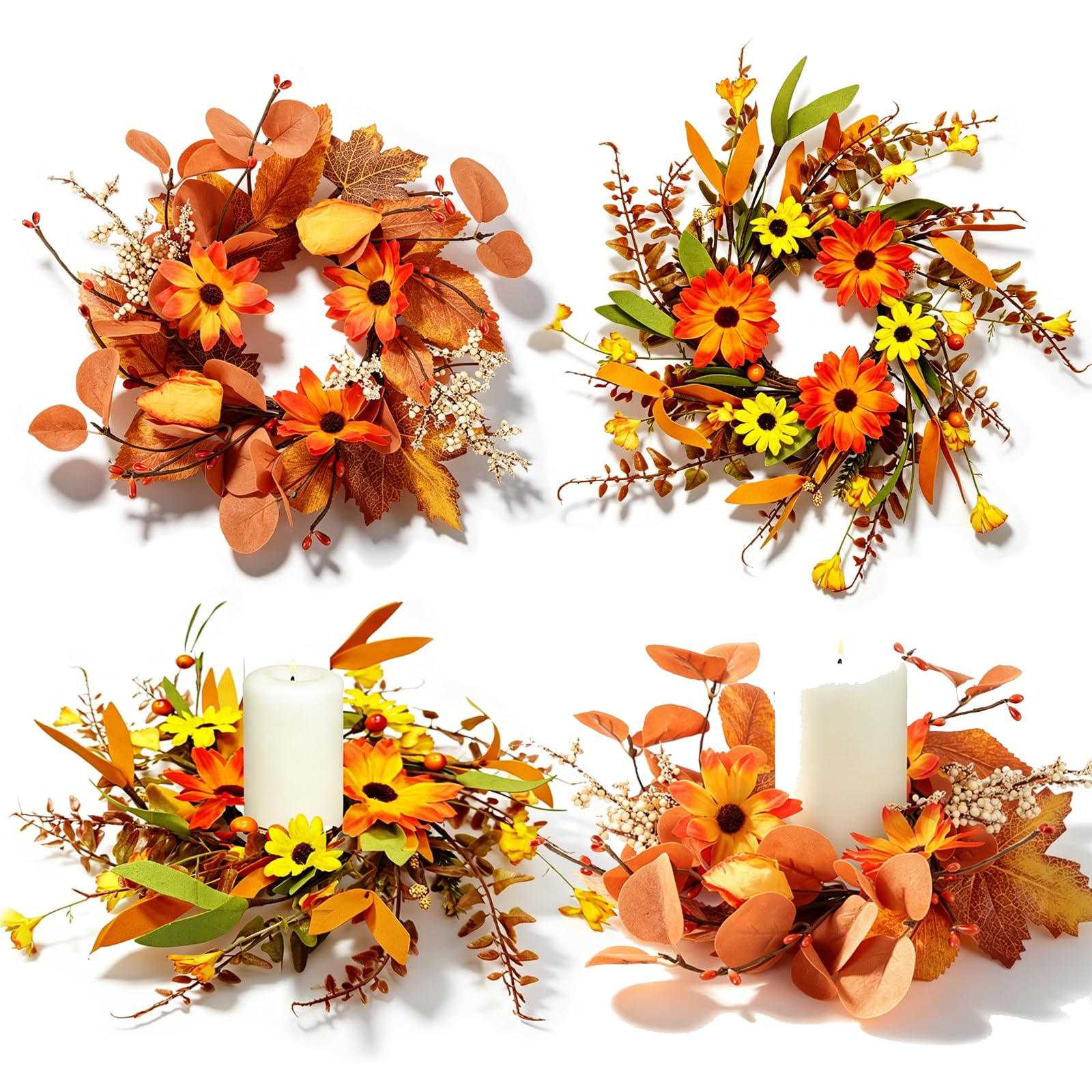 4 PCS Mini Fall Candle Rings Wreath Thanksgiving Daisy Table Centerpieces
