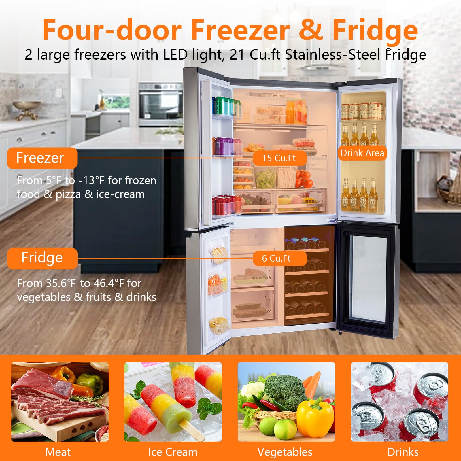 SunnyFurn 595L French Door Refrigerator with Wine Cooler, Colorful Steel Finish, US Standard Energy Efficient Fridge, Large Capacity Freezer Refrigerator, 605w on Fridge.com
