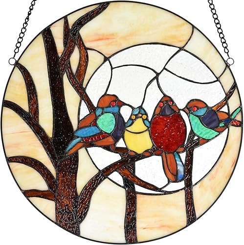 Miniatura 5 de Bieye W10045 Birds Sitting on The Bare Tree Branch Again Full Moon Tiffany Style Vidrieras Colgantes con cadena, forma redonda de 16 pulgadas de