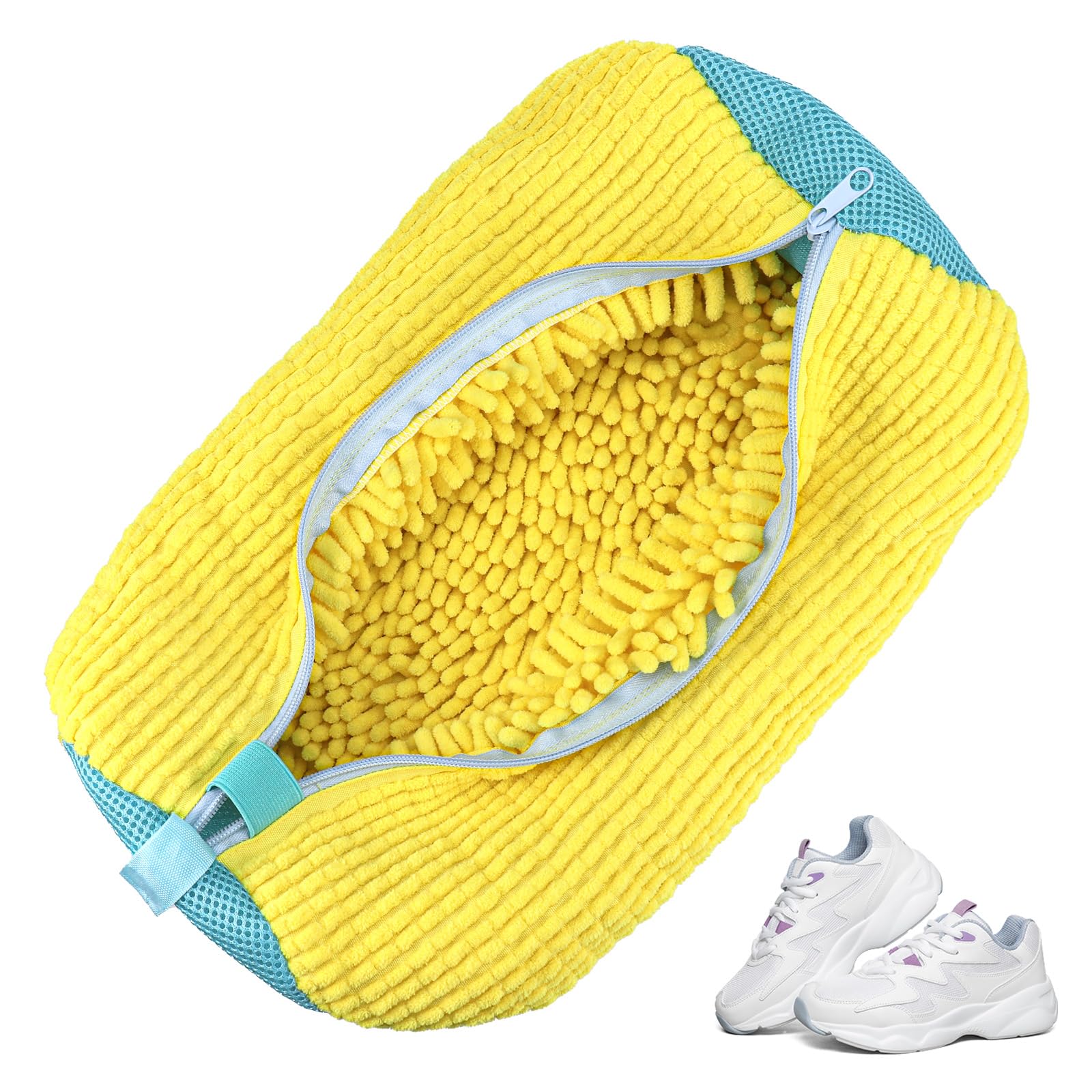 Kssvzz Schuhwaschbeutel Waschmaschine, Wiederverwendbar Schuhbeutel Waschmaschine, Wäschesack Schuhe mit Reißverschluss, Schuhsack Waschmaschine mit 360° Reinigungsflusen für Schuhe (Gelb)