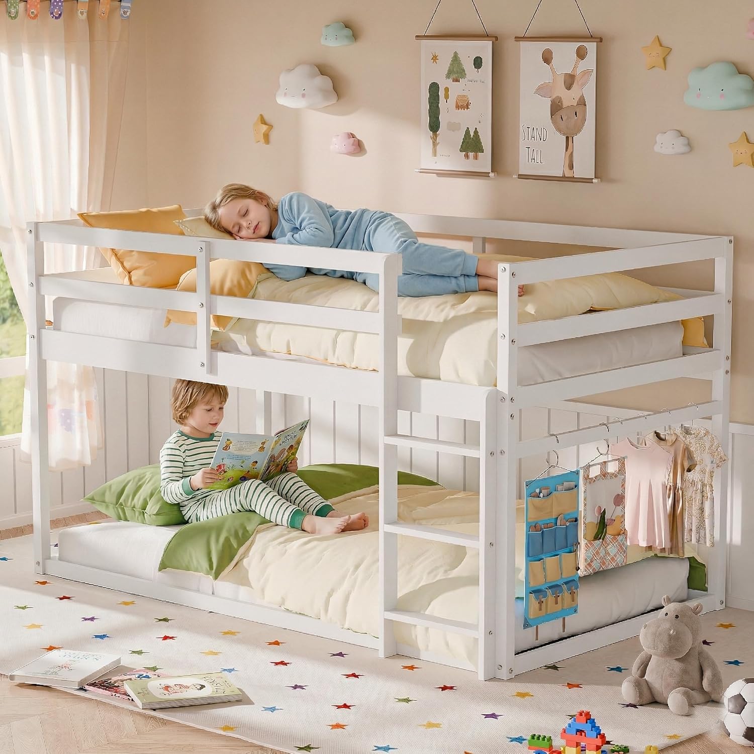 Xilingol Low Bunk Bed for Kids, Floor Bunk Bed Twin Over Twin, Wooden Bunk Bed Frame with Full Guardrails, Twin Bunk Bed for Bedroom, Dorm (Natural)