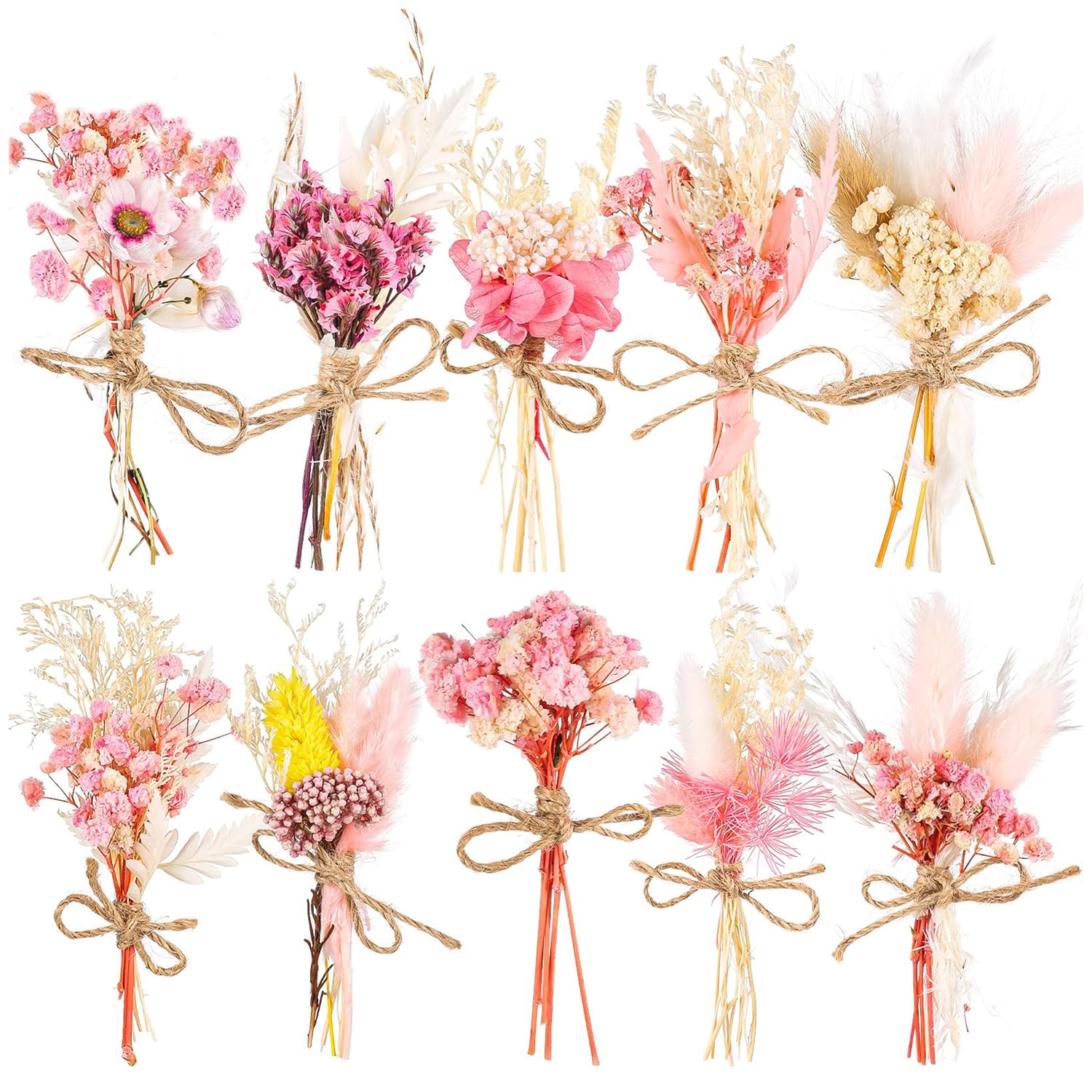 HIVTE Mini Boho Dried Flower Bouquet 12 Bundles Small Natural Floral Arrangement For Photo Frame Party (Pink)