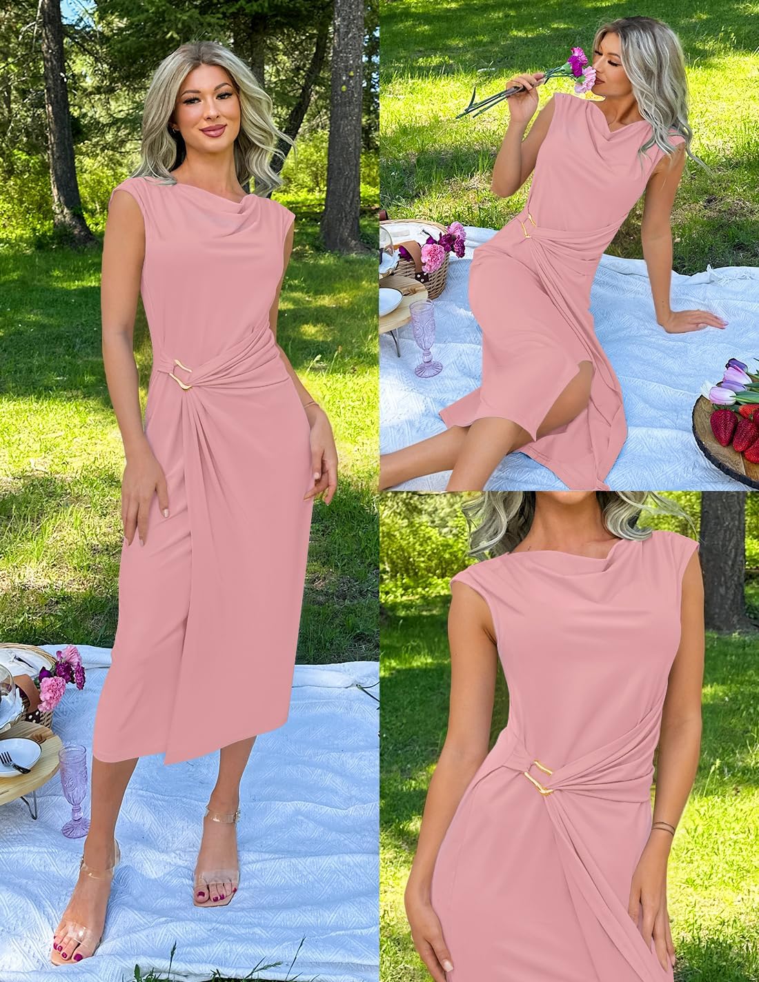 ZESICA Women's 2026 Summer Mock Neck Casual Bodycon Dress Cap Sleeve Elegant Cocktail Party Long Midi Dresses - Image 5