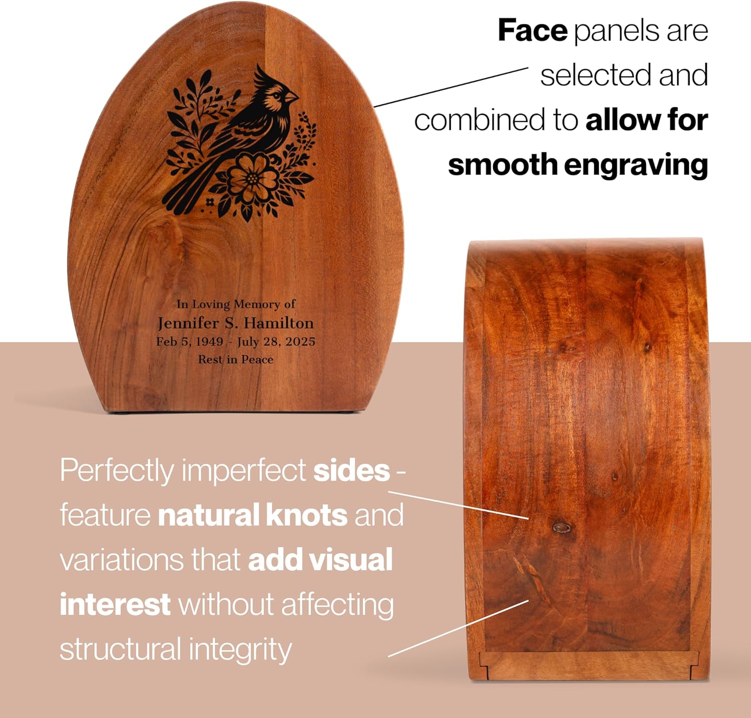 Personalized Cardinal Wooden Urn - 250 cu in - Custom Memorial Urn for Ashes Adult Male - Engravable Wood Urn Box for Human Cremains - Image 7