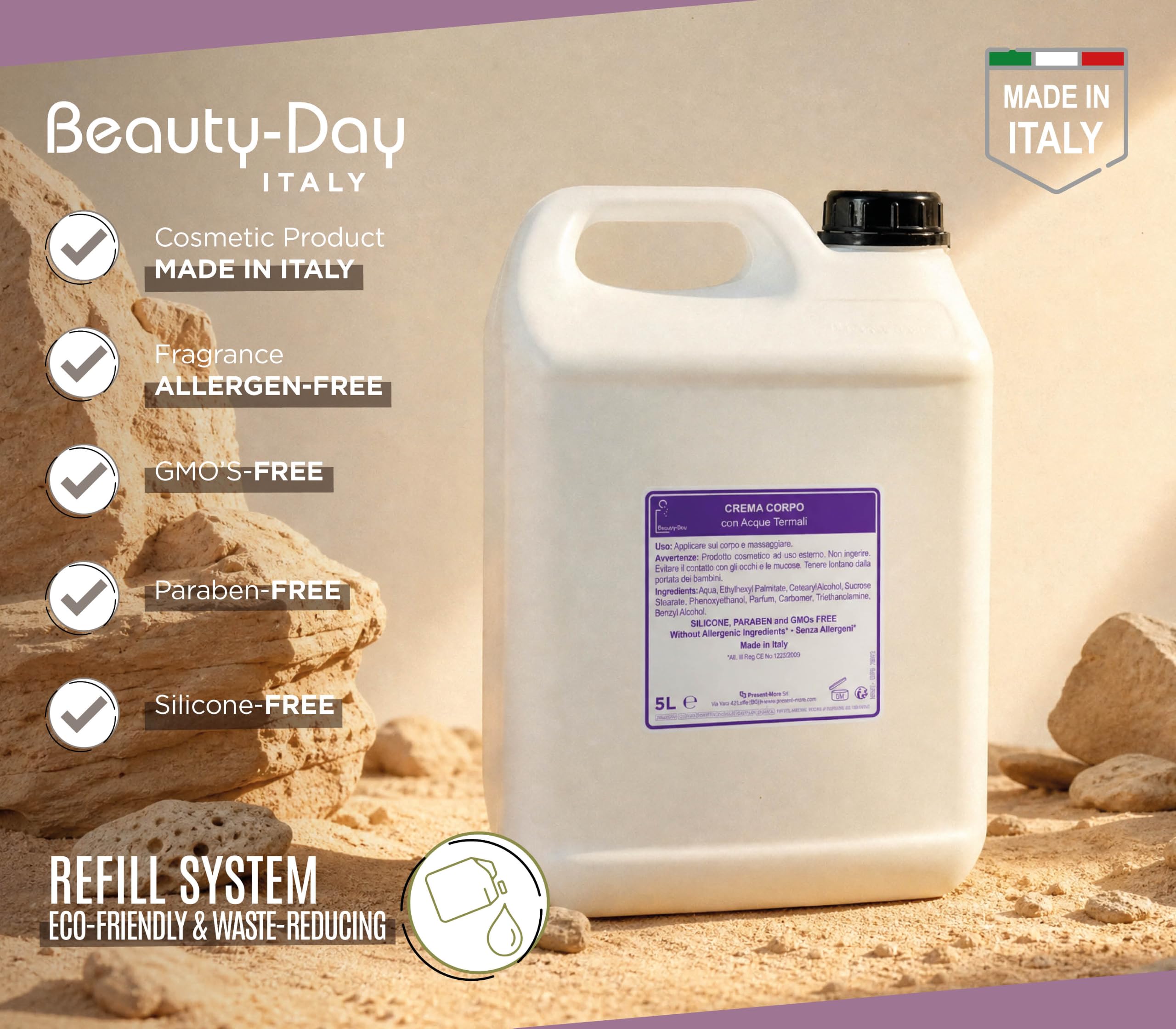 Present-More Beauty-Day Italy Körpercreme 5 l - Körpercreme 1 Stück für Hotels, B & B und Hotels | allergenfreie Körpercreme mit Ylang Ylang Duft (1 Kanister)
