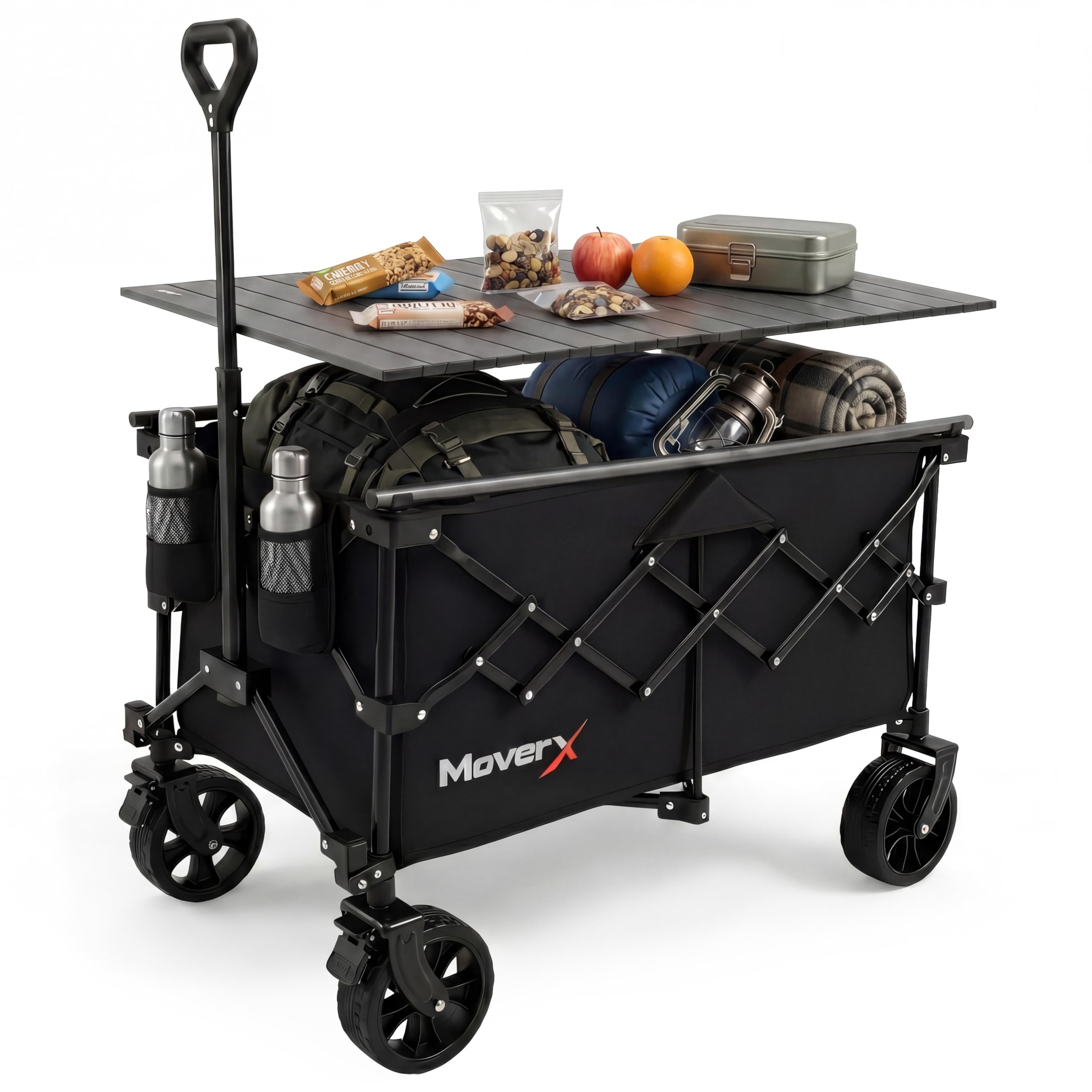MoverX 120L Camping Trolley on Wheels, Table Folding Wagon, Portable Camping Cart, Foldable Trolly for Festival Beach Outdoor Garden Picnic Shopping Fishing, Wide Wheels, Adjustable Handle, Black