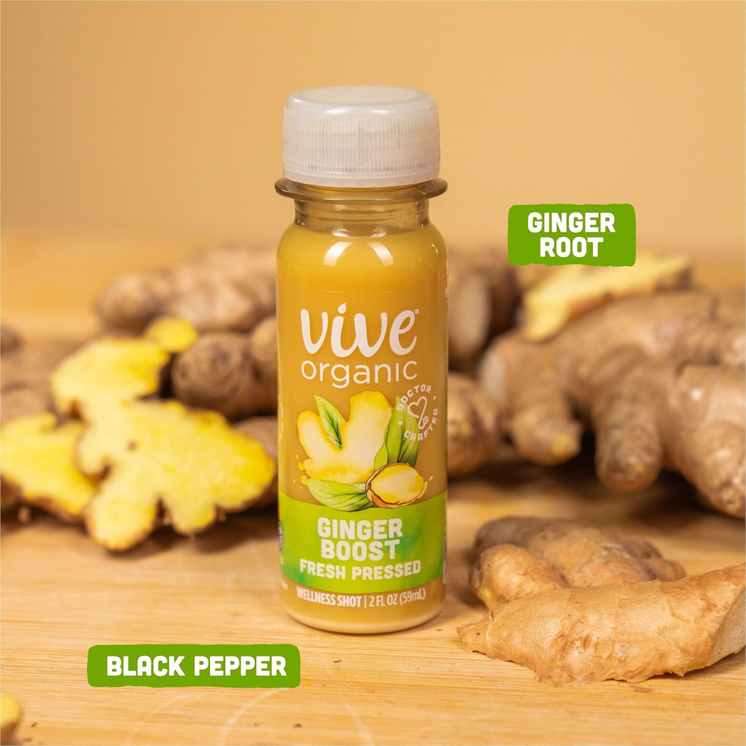 Vive Organic Ginger Boost Wellness Shot, Fresh Pressed Ginger Shot, 2 fl oz Bottles, 12-Pack