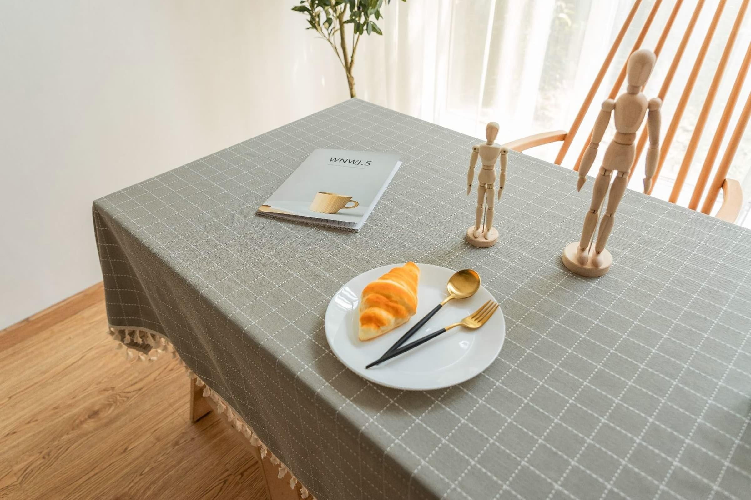 Tischdecke Abwaschbar Grau, Baumwollleinen Tablecloth Stickerei Kleines Karo Tischdecke Rechteck 110x170CM
