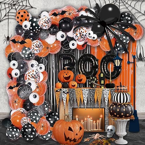 Miniatura 3 de 116 globos de fiesta de Halloween, kit de guirnalda de arco de globos de Halloween, globos de confeti negro naranja, cortina de flecos de aluminio