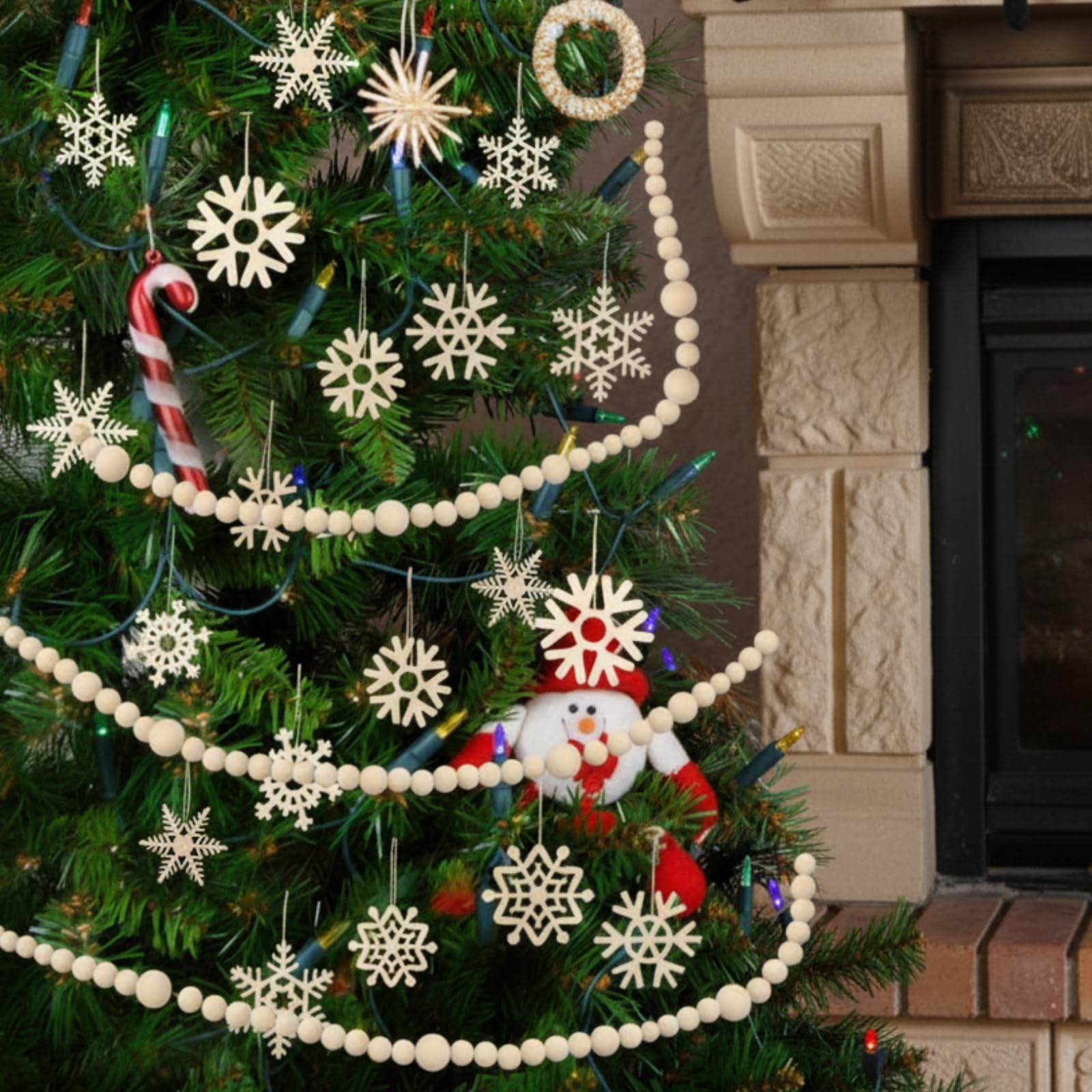 Dingion Christmas 19.6 Ft Wood Bead Garland with 36 Wooden Snowflakes Ornaments Rustic Boho Xmas Tree Mantelpiece Wall Hanging Decor 2-in-1 Vintage Christmas Set for Home Winter Decoration