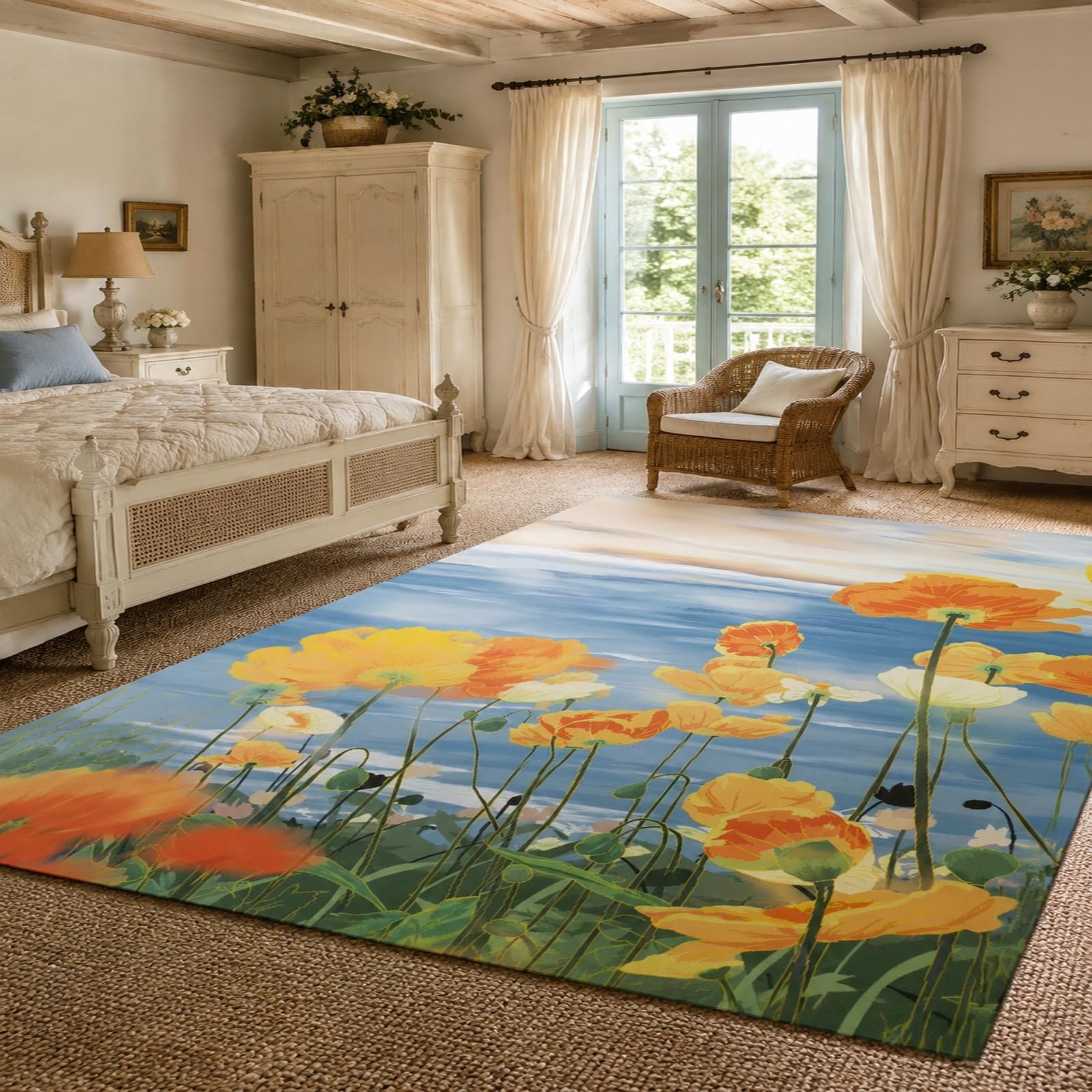 Dywanik nocny do sypialni, prostokątny 90 x 150 cm, nowoczesny kwiatowy pomarańczowy, żółty, biały, niebieski, zielony, dywan z niskim runem dywan podłogowy, chodnik, maty ochronne,