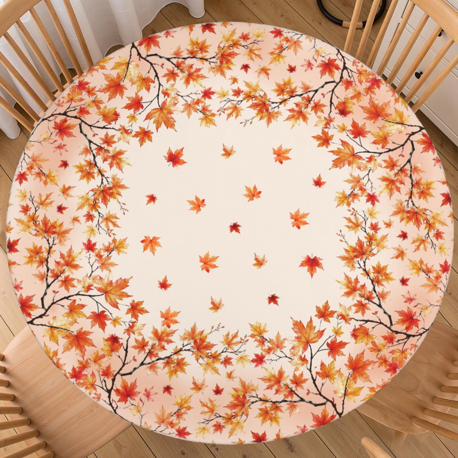 FJQWKLF Fall Round Fitted Tablecloth with Elastic Edge Orange Autumn Maple Leaf Table Cover 56-60 Inch Thanksgiving Harvest Washable Table Cloth for Kitchen Party Holiday Decor
